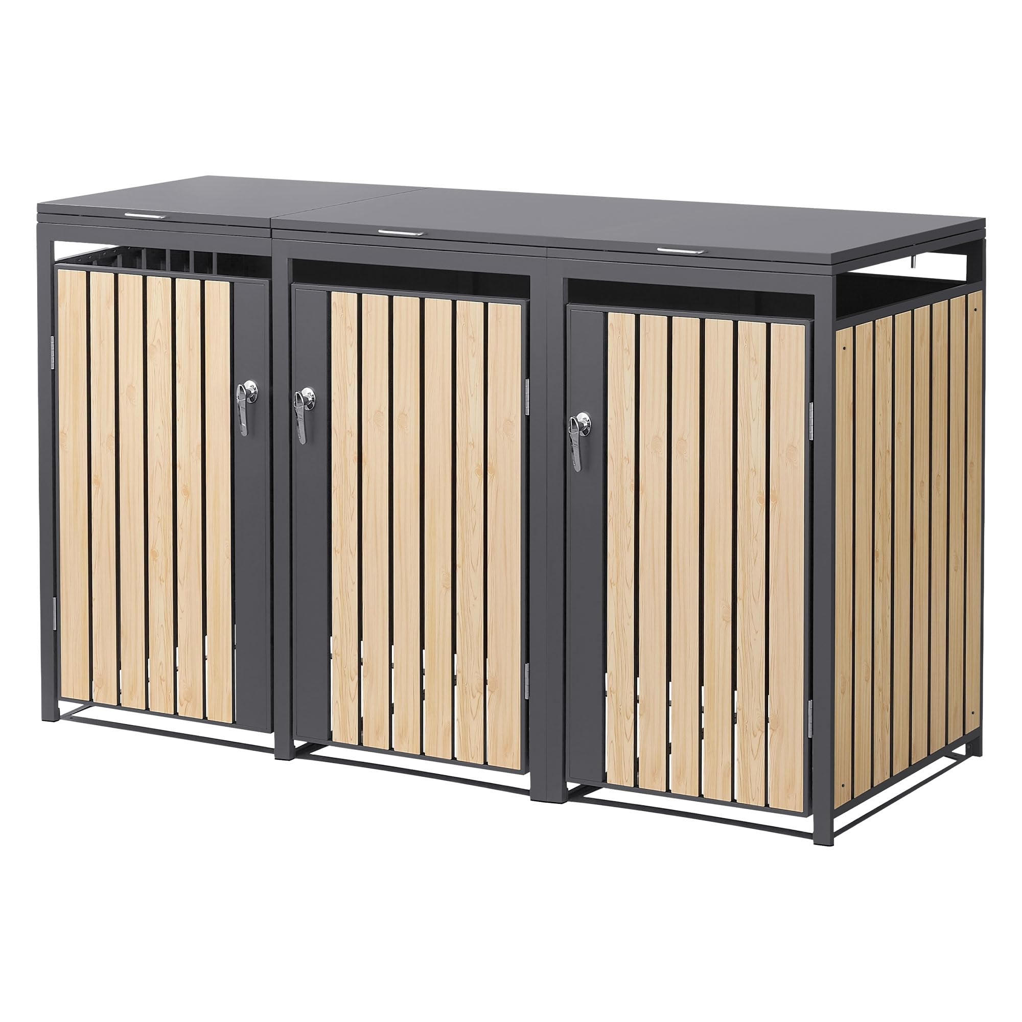 ML-Design Mülltonnenbox 3er 240L, Mülltonnenverkleidung für 3 Mülltonnen, Müllbox wetterfest, Mülltonnenhaus aus Stahl, Müllcontainer mit Deckel, abschließbare Tür, 200x80x120 cm, Anthrazit-Holzoptik