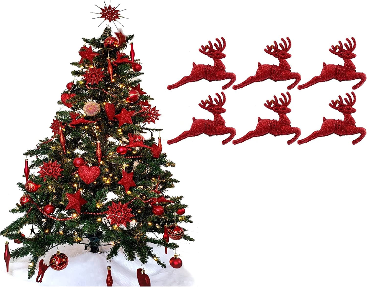 UKDeals Direct® RED COLLECTION CHRISTMAS DROPLET BAUBLES TREE DECORATIONS GLITTER MATT ICICLES (Pack of 6 Reindeer)