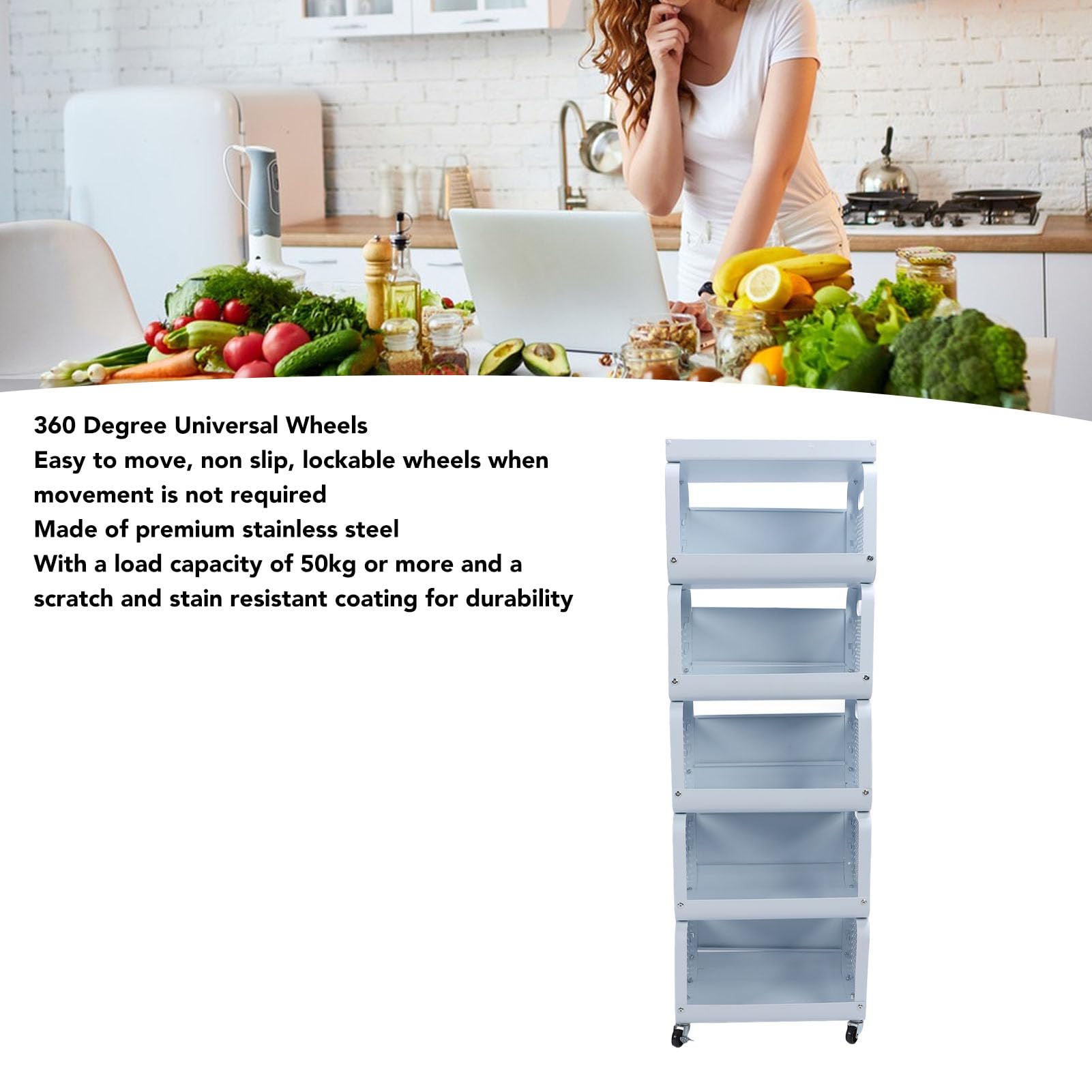 Zunate Scaffale Mobile Impilabile in Acciaio Inox con Ruote per Carrello Portaoggetti da (5 livelli)