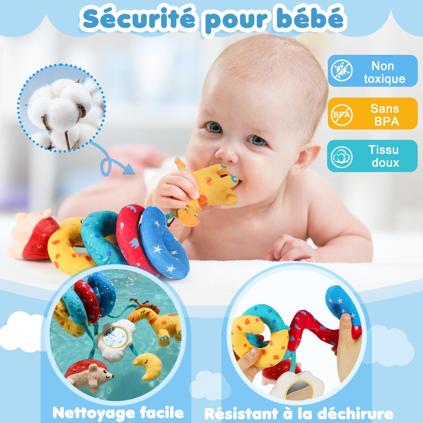 URMYWO Spirale d'Activité Bébé - Arche d'Éveil avec Jouet Sensoriel aux Contrastes Noir et Blanc, à Accrocher sur la Poussette, Le Lit ou Le Siège Auto pour Stimuler la Motricité - Idéal 0-6 Mois