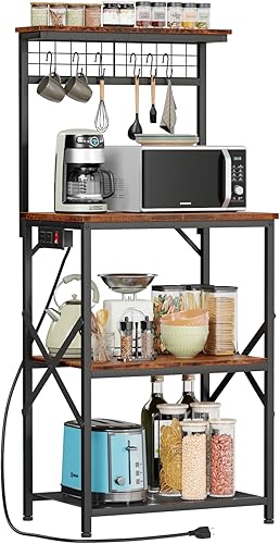 Estante para hornear de cocina con toma de corriente, soporte para microondas con estante de almacenamiento de 5 niveles, organizador de estación de