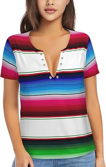 Womens Deep V-Neck Shirts Casual Short Sleeve T-Shirt Summer Workout Ladies Top Tee with Stainless Steel Buckle
