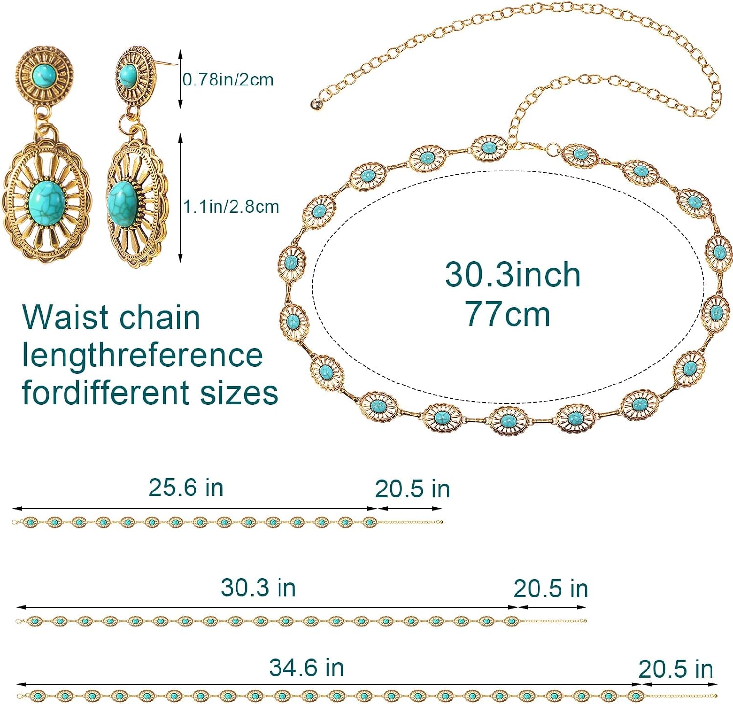 Quelay Western Turquoise Concho Belt Cowgirl Earrings Sets for Women Cowgirl Chain Belts Boho Earrings for Country Concert Outfit