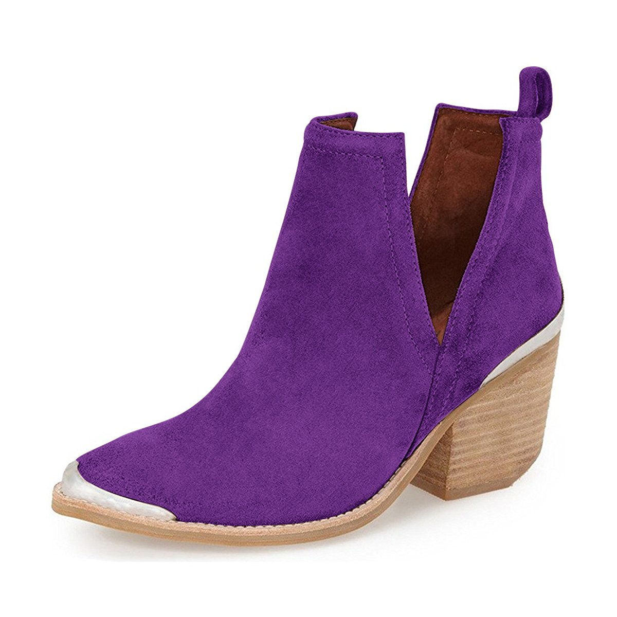 YDN Women's Low Heel Ankle Booties Faux Suede Cowboy Boots Cut Out with Metal Toe Shoes for Formal O