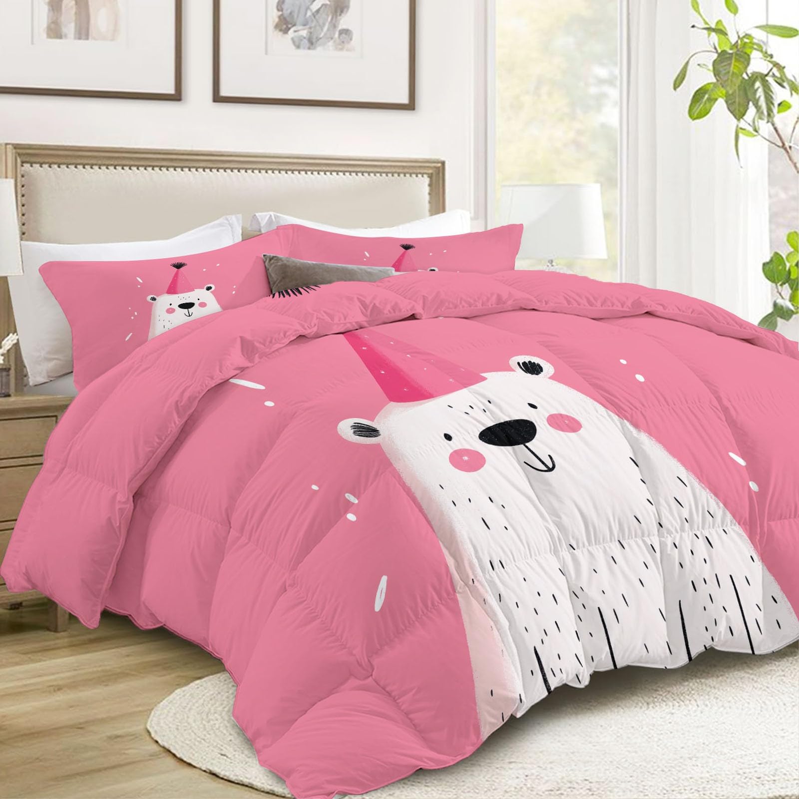 Kołdra bez poszewek różowa, dwustronna kołdra z nadrukiem dla 2 osób 4 pory roku Pojedyncze kreskówki Zwierzęta Niedźwiedź Kołdra 200 x 220 cm - Zestaw pościeli dla dzieci Chłopcy Rodzice z 2