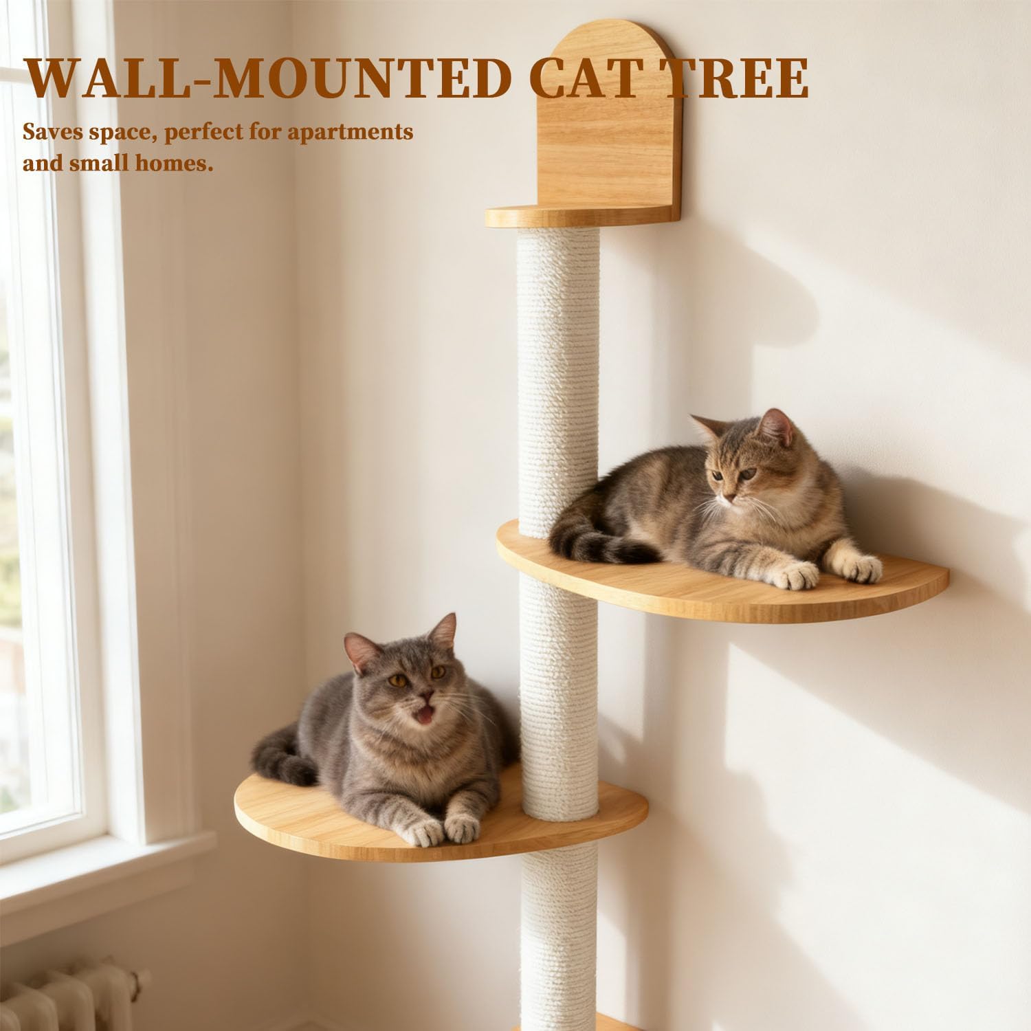 Cat Wall Shelves & Climber for Kittens Solid wood cat climbing frame – 4-Level Wall Mounted Cat Tree with Natural Sisal Pads, Adjustable Tower for Indoor Cats, Suit for Climb, Play, Nap (53 inches)