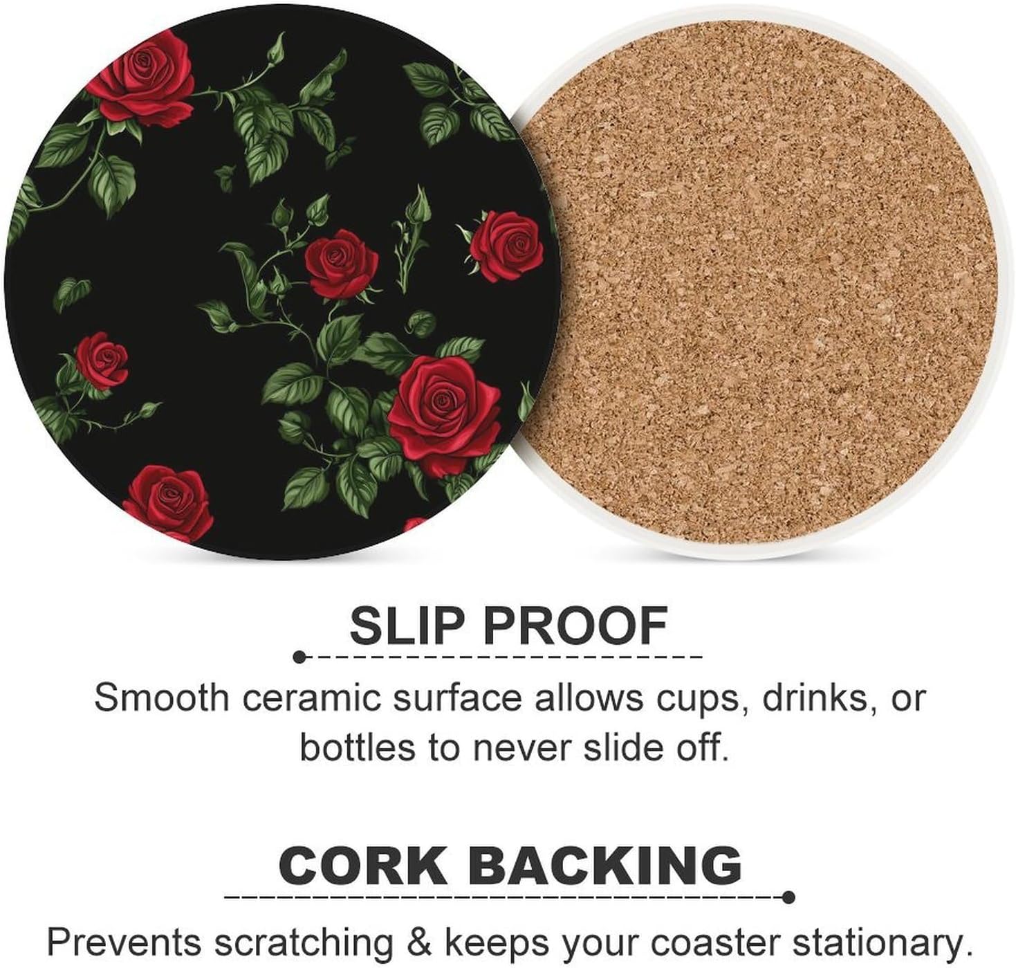 Rose Flower Coasters for Drink Round Ceramic Coaster with Cork Base Home Decorative 4PCS