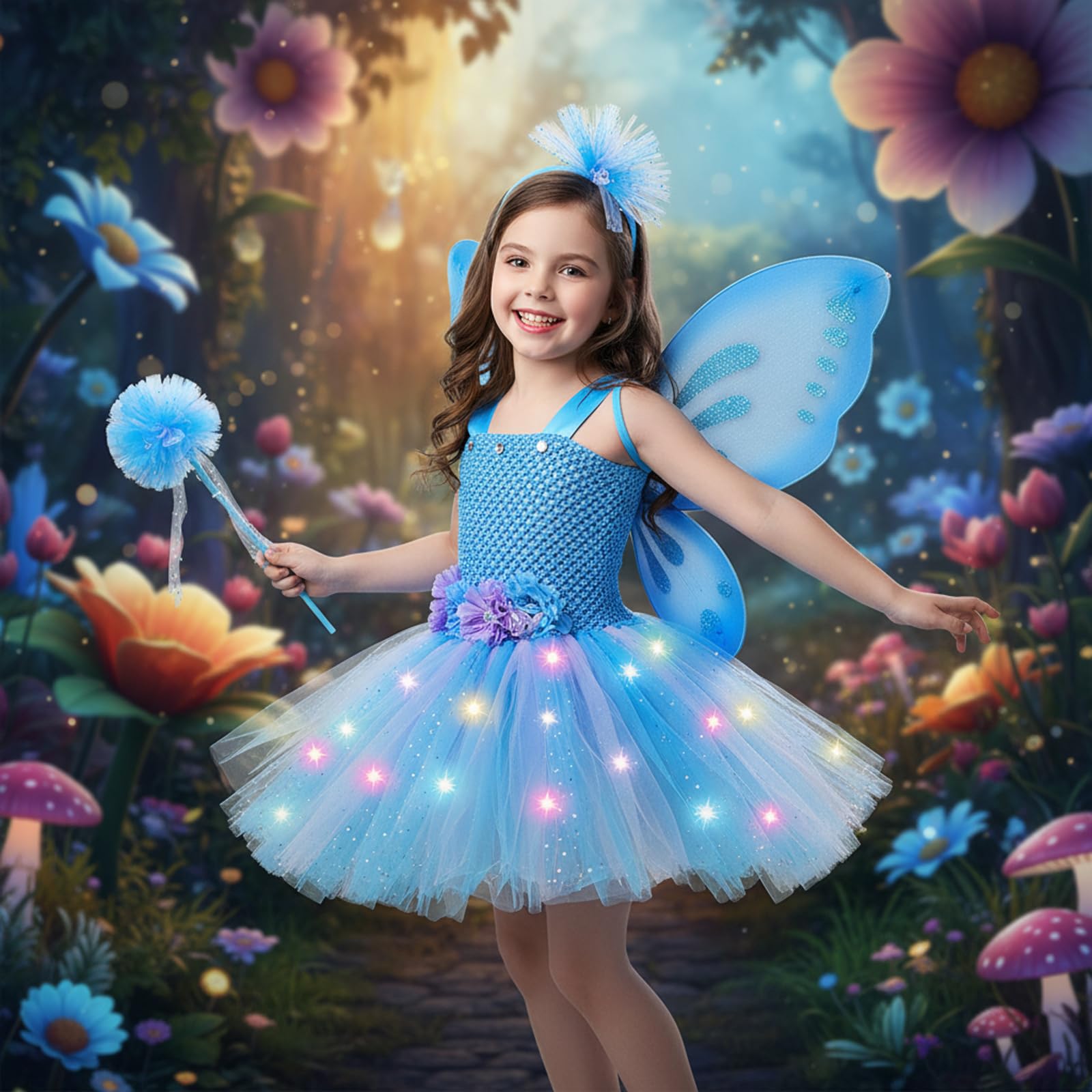 Costume da farfalla per ragazza, set di costumi da fata da 4 pezzi include vestito illuminato, ala di farfalla, bacchetta magica e fascia per capelli XL