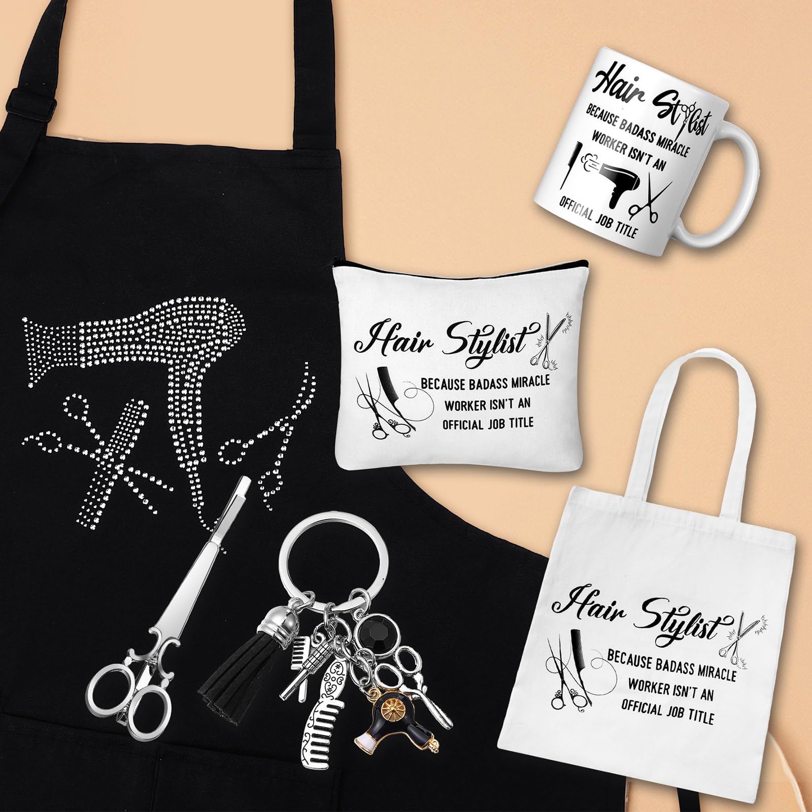Coume Friseur-Geschenk-Set, Schürze, Tragetasche, Tasse, Schlüsselanhänger