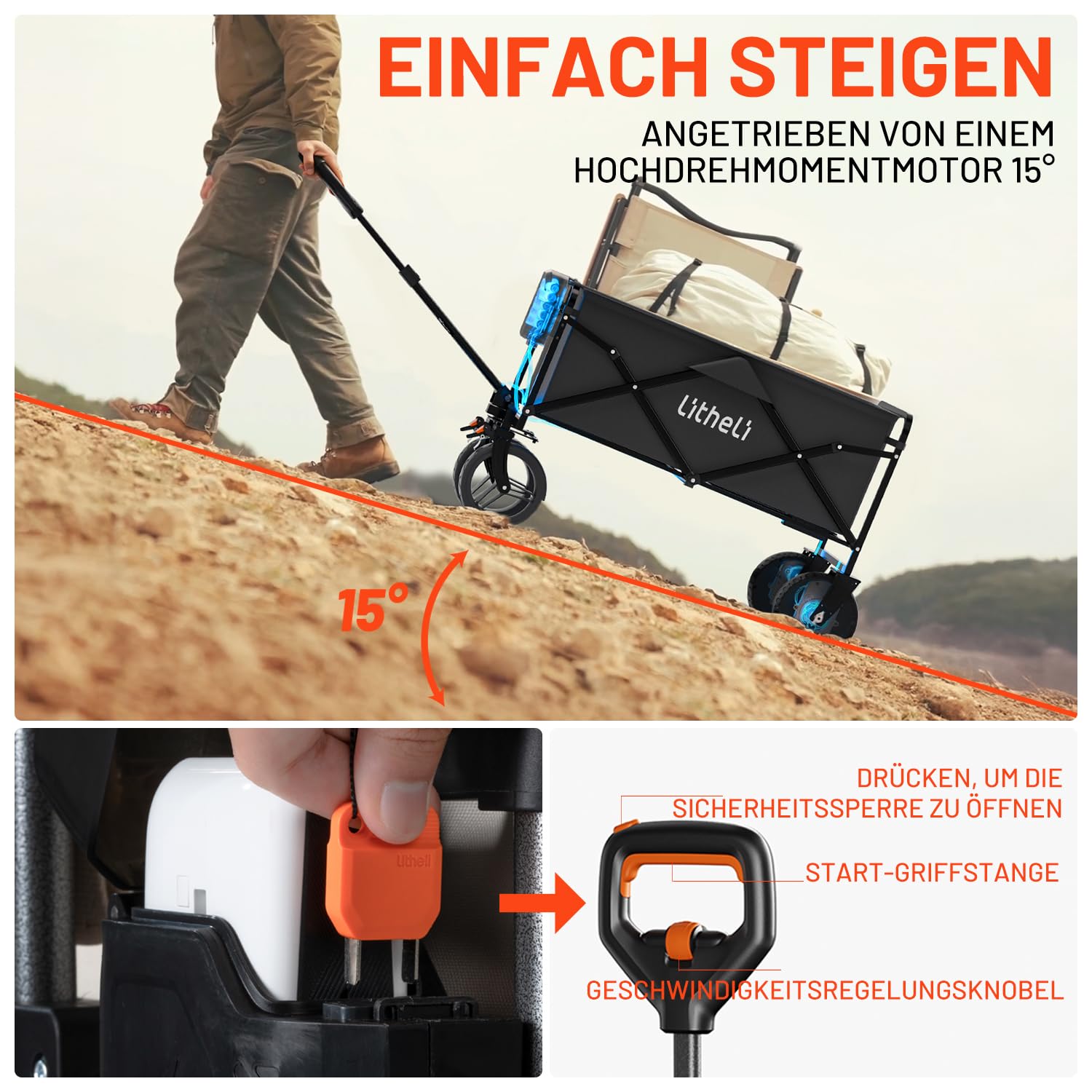 Litheli Carrello elettrico pieghevole, con motore e freni, portata 100 l, 50 kg, adatto per campeggio, giardino, spiaggia, shopping (nero, W1 Go, senza batteria)