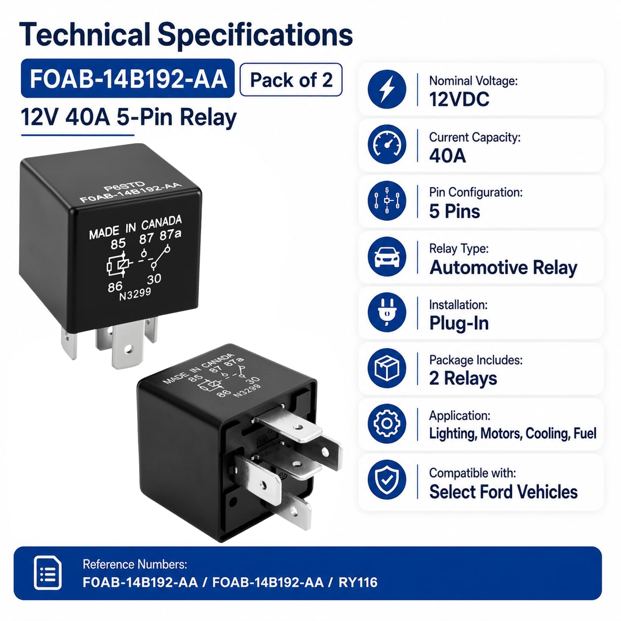 P6SDT FOAB-14B192-AA - Relé automotriz (paquete de 2) - 40 A, 12 VCC, 5 pines, repuesto OEM F0AB-14B192-AA para sistemas eléctricos Ford