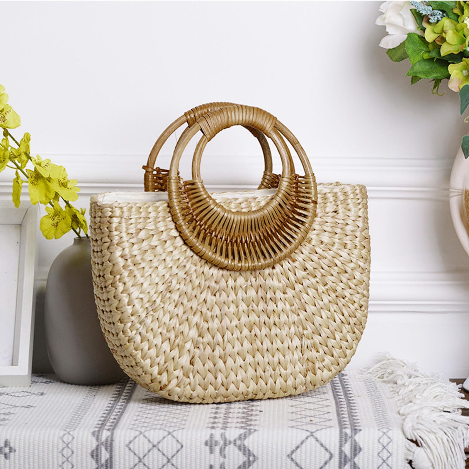 Strohtasche, elegante Strandtasche, handgewebt, Strandmode, Urlaub, stilvolle Damen Strohhandtasche mit Top