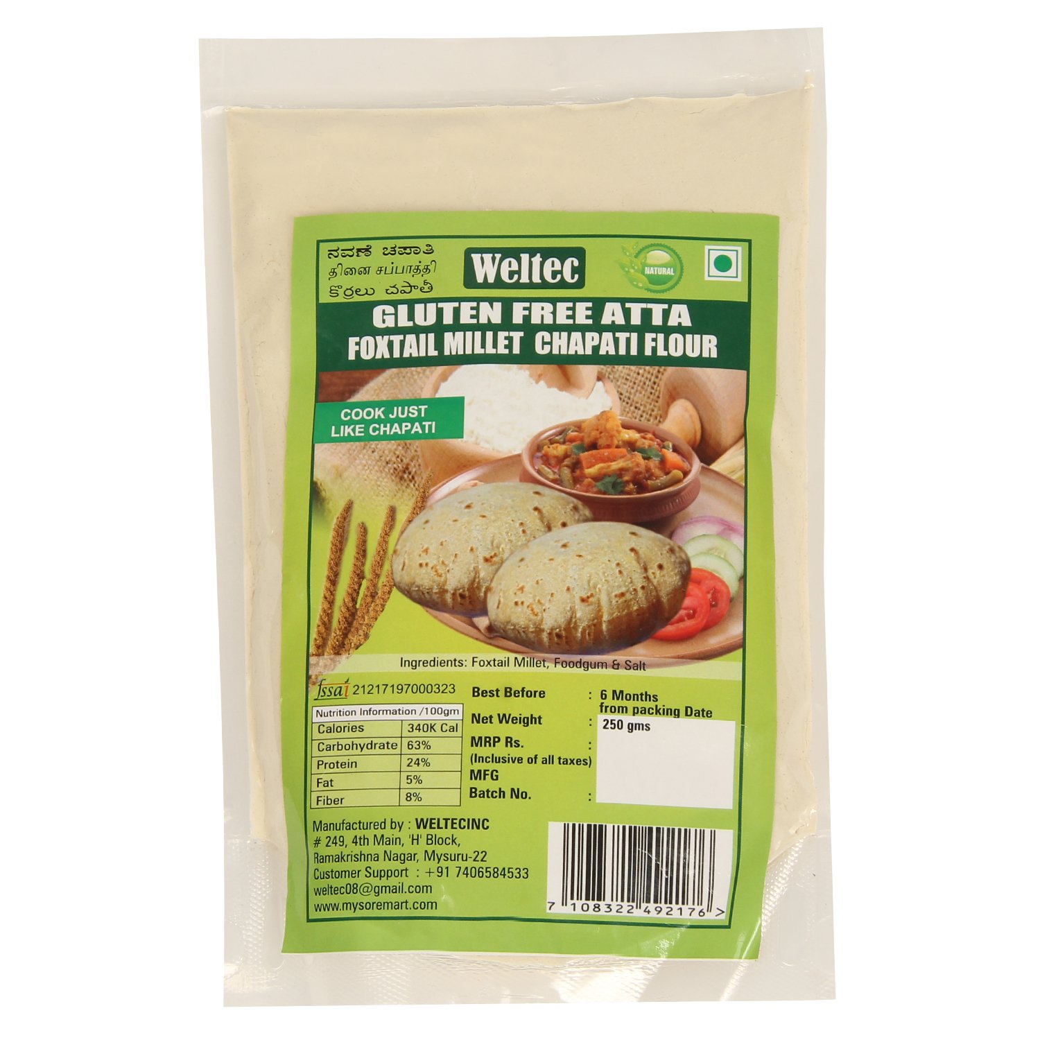Buy Weltec Foxtail Millet Chapati Flour Gluten Free Atta for Diabetic
