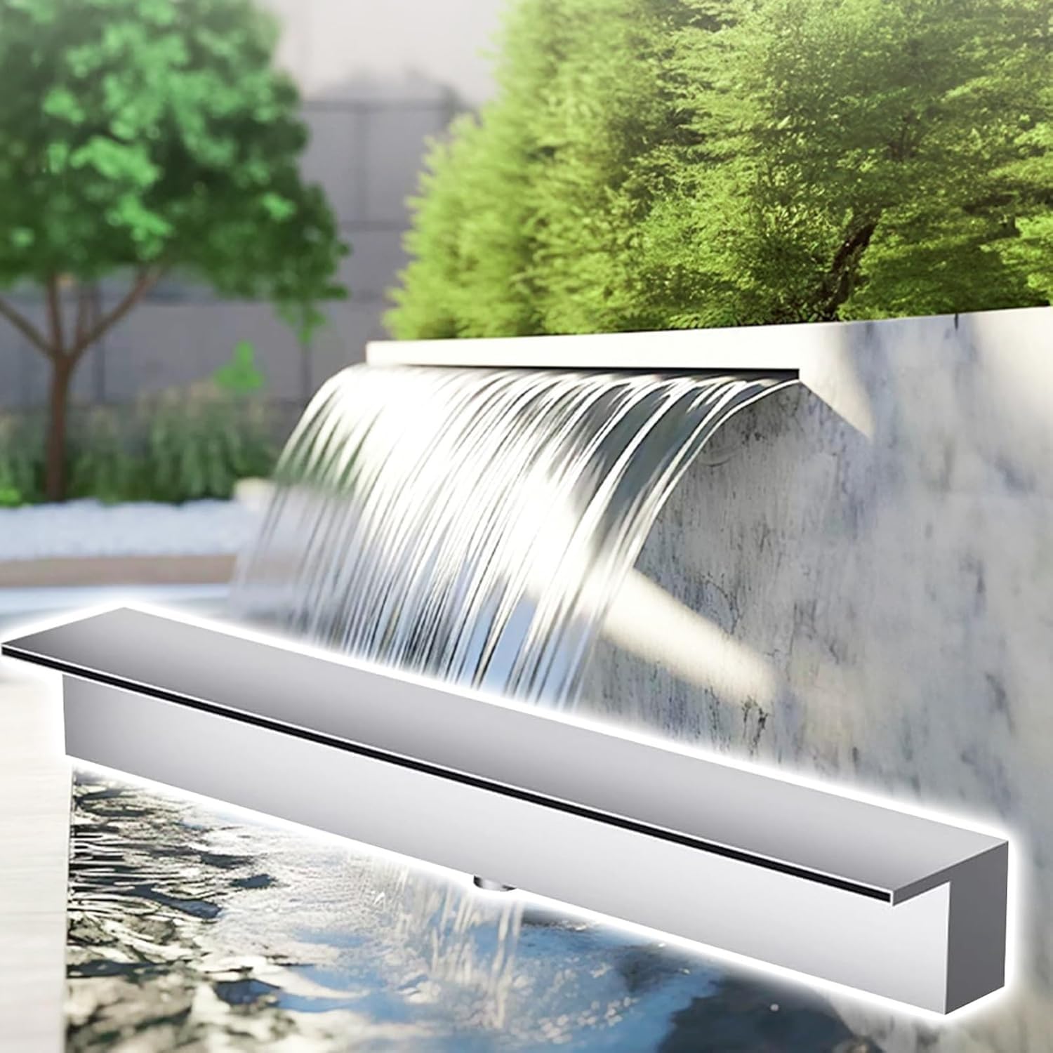 Cascata in acciaio inox per laghetti, 145 cm, con kit di connettori per tubi interni ed esterni (20-200 cm)
