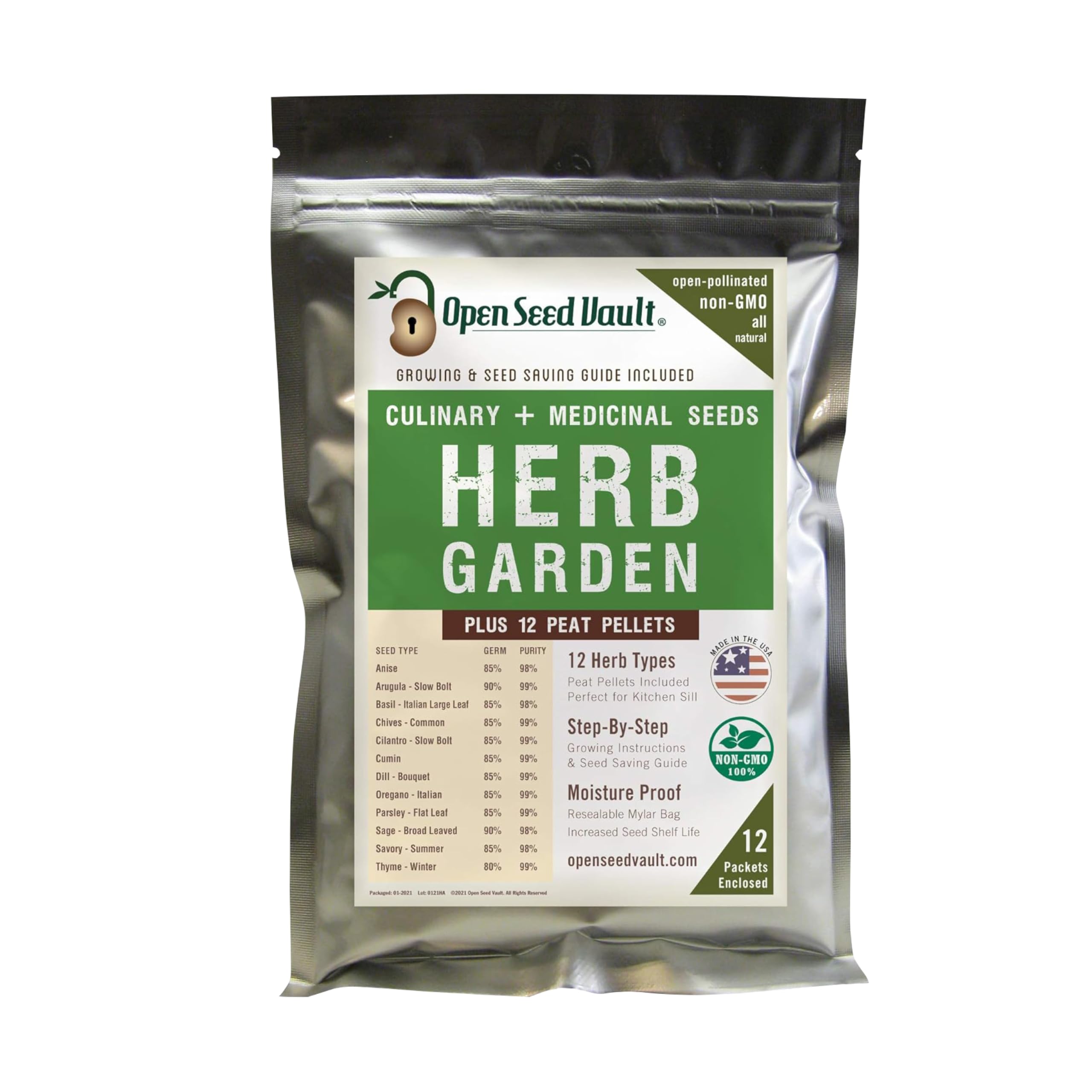100% NON-GMO Heirloom Culinary and Medicial Herb Kit - 12 popular Easy-to-Grow Herb Seeds by Open Seed Vault - includes 12 seed starting peat pellets!