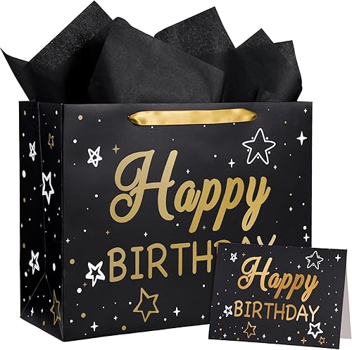 WRAPAHOLIC Bolsa de regalo de cumpleaños grande de 13 pulgadas con tarjeta y papel de seda, bolsas de papel con letras de estrella negra y feliz