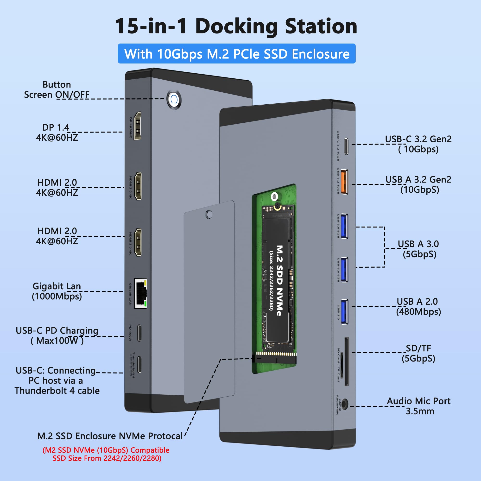 Docking station per laptop 3 monitor per Dell/HP/Lenovo/Mac, 15 in 1, docking station USB C, doppio monitor con slot SSD M.2 NVMe, dock triplo display 4K a 60 Hz con HDMI/Displayport/PD/LAN/SD/TF