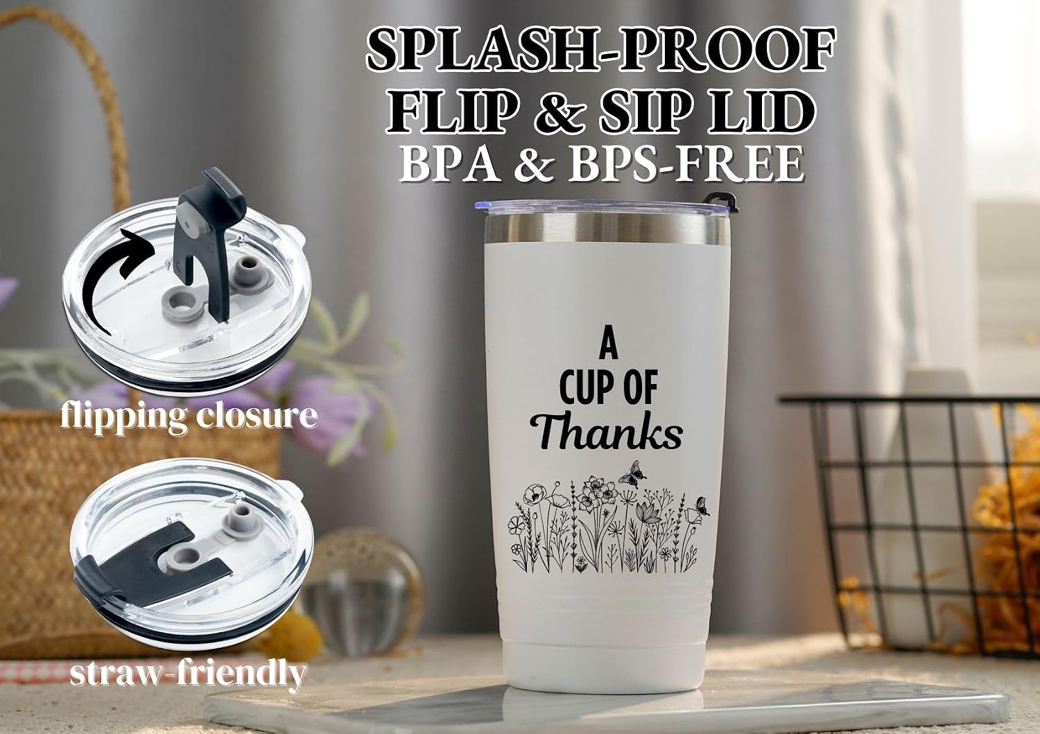 Onebttl Thank You Gifts for Women, A Cup of Thanks, Funny Appreciation Gift for Coworkers, 20OZ Stainless Steel Travel Mug, White