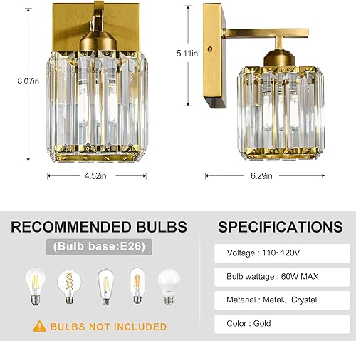 Miniatura 4 de Juego de dos apliques de pared modernos para interiores, apliques de pared dorados, lámpara de pared de cristal, accesorios de tocador de baño,