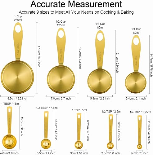 Miniatura 2 de GuDoQi Juego de 9 tazas y cucharas medidoras, mango de acero inoxidable con medidas métricas y estadounidenses, acabado pulido dorado, taza medidora