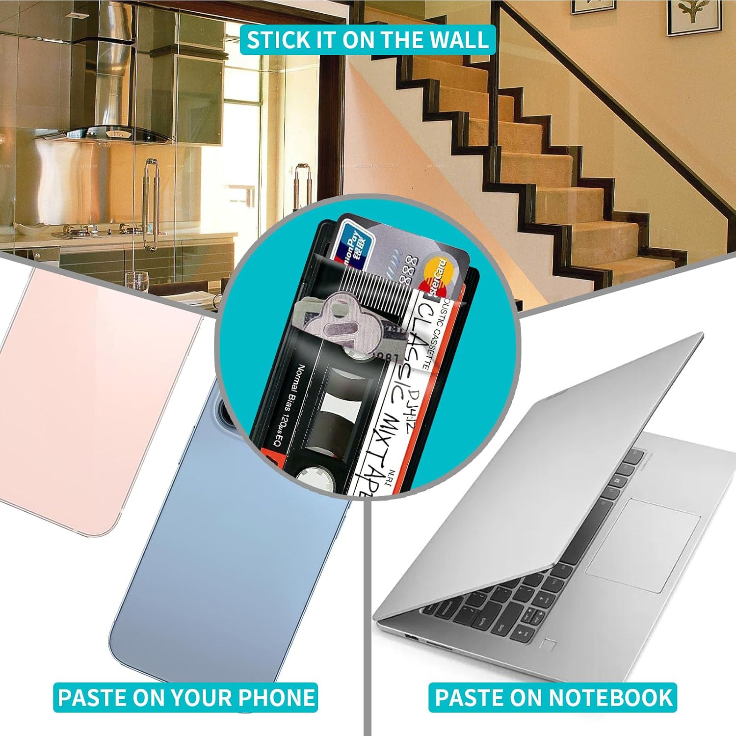 Rossy Cell Phone Wallet Adhesive Card Holder Stick on Wallet Pocket Lycra Credit Card ID Case With Retro Audio Cassette Stylish Pattern for Back of Phone for All Smartphones