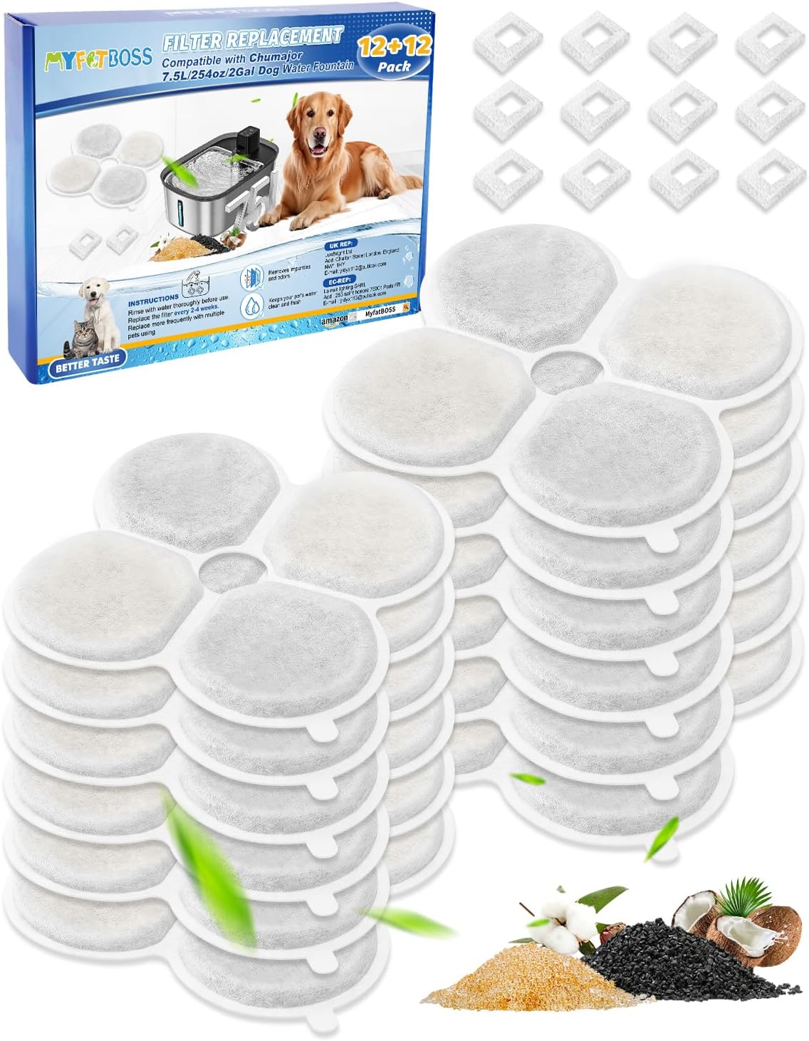 12+12 Pack Dog Water Filter Replacement Compatible with Chumajor 7.5L/254oz/2Gal, Dog Water Fountain Filter Fit for Chumajor, Multilayer Filtration System, 12 Filters and 12 Sponges