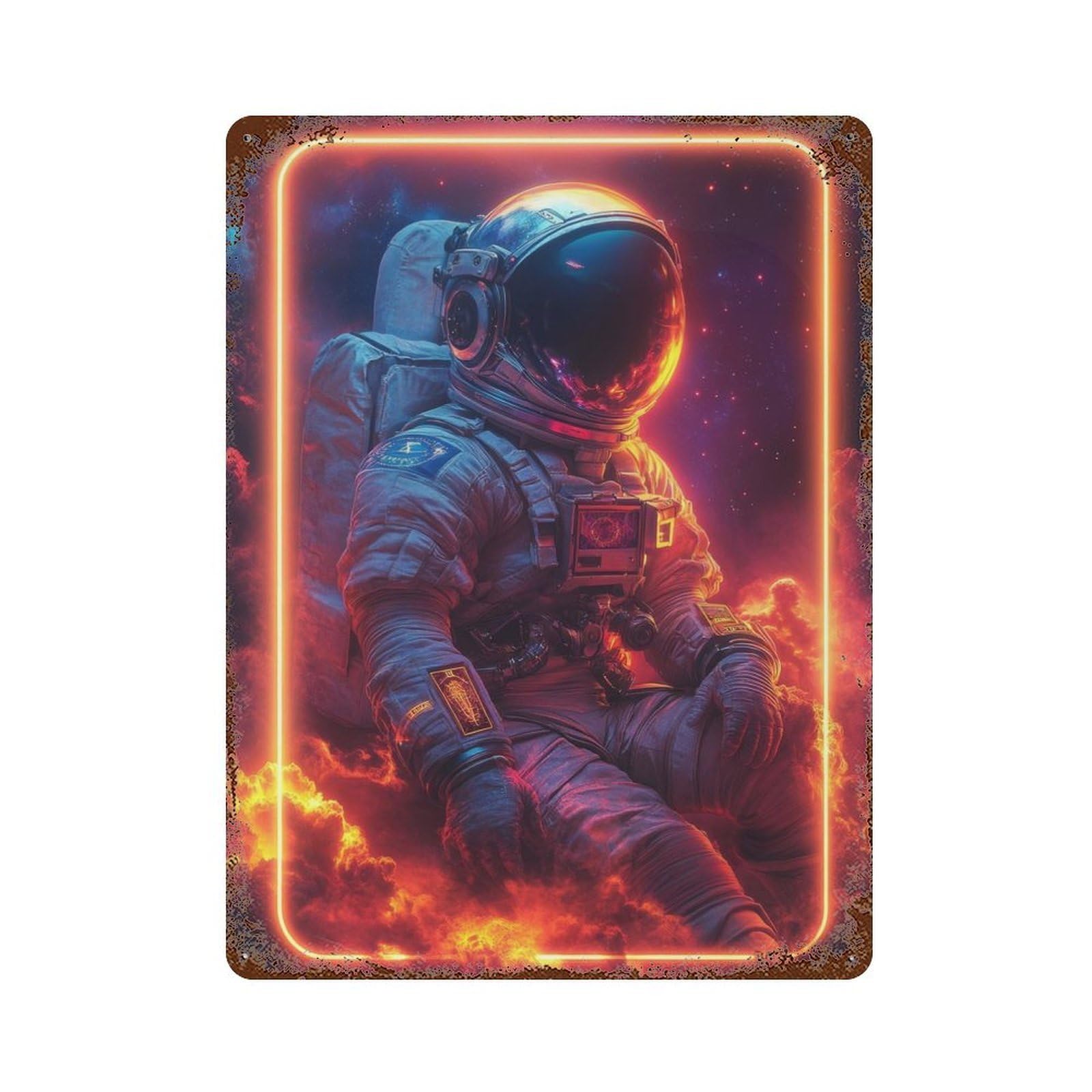 Astronaut In Neon Frame 15.7"x11.8" Rustic Tin Plaque, Farmhouse Wall Decor for Basement, Hobby Room And Garage Decor