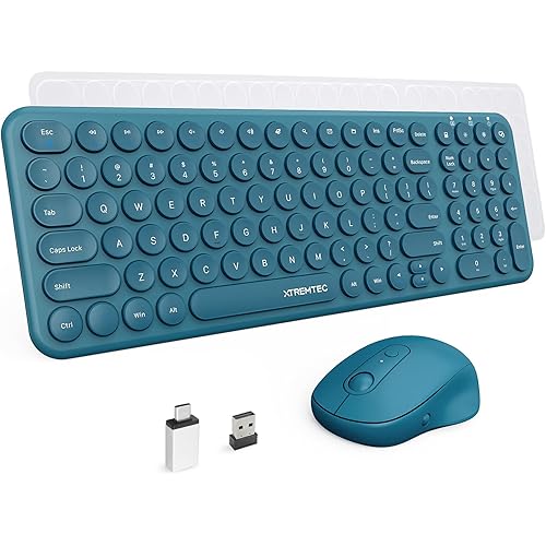XTREMTEC Slim Wireless Keyboard and Mouse Combo, 2.4G USB Quiet Low-Profile Retro Round Typewriter Computer Keyboard and Ergonomic Mouse Set for Laptop/PC/iMac/Computer,PlugandPlay (Navy Blue)