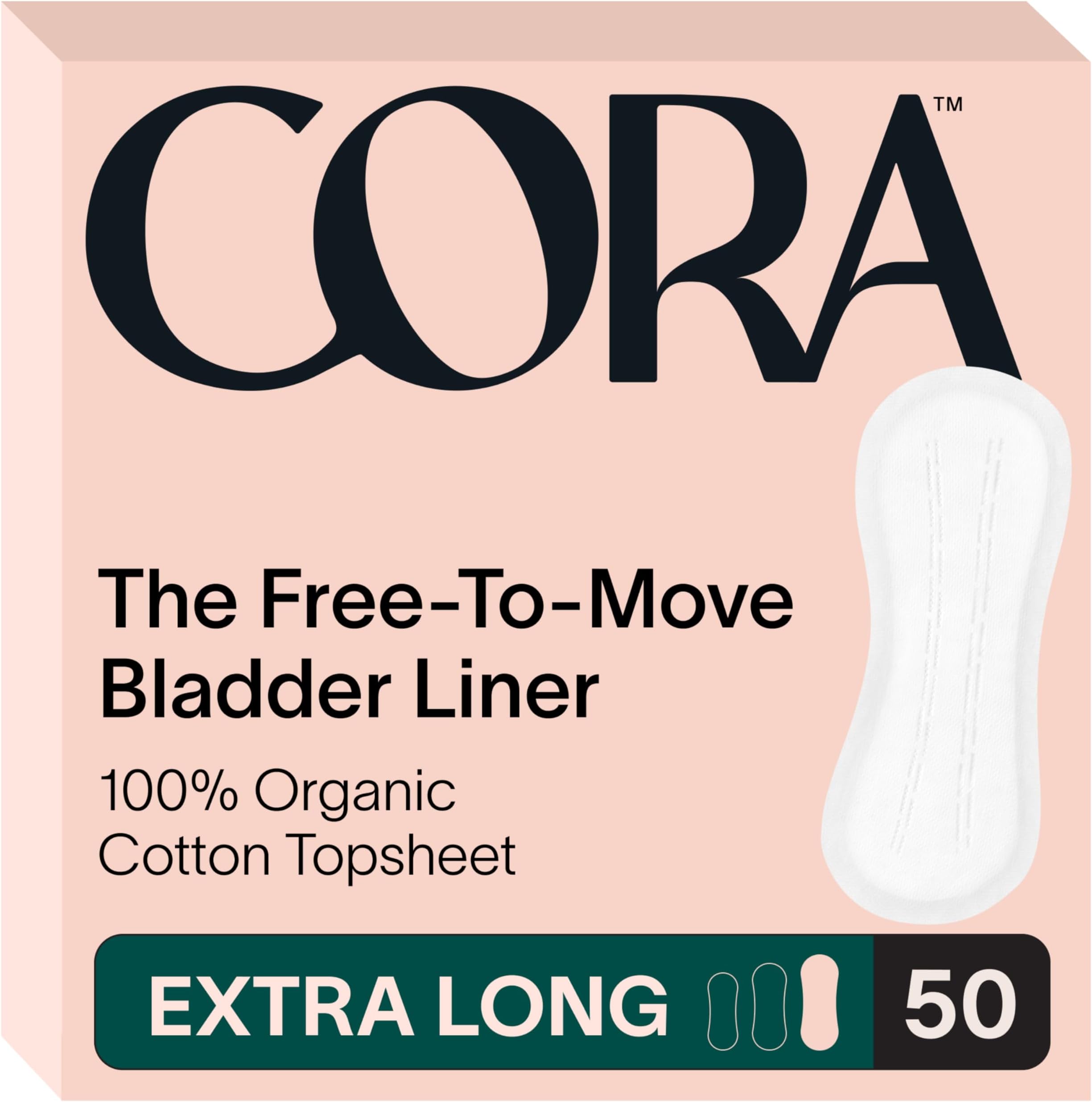 Cora Ultra Thin Organic Bladder Liners | Incontinence & Postpartum Pads for Women | Bladder Leak Panty Liners | Breathable Cotton (50 Extra Long Liners)