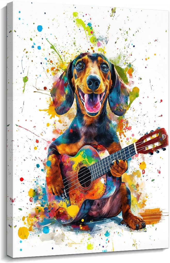 アート・デザイン・音楽 ONE DAY: LIFE WITH A DOG Amazon.com: Axglnumber Dachshund Wall Art Dog Playing Guitar Wall