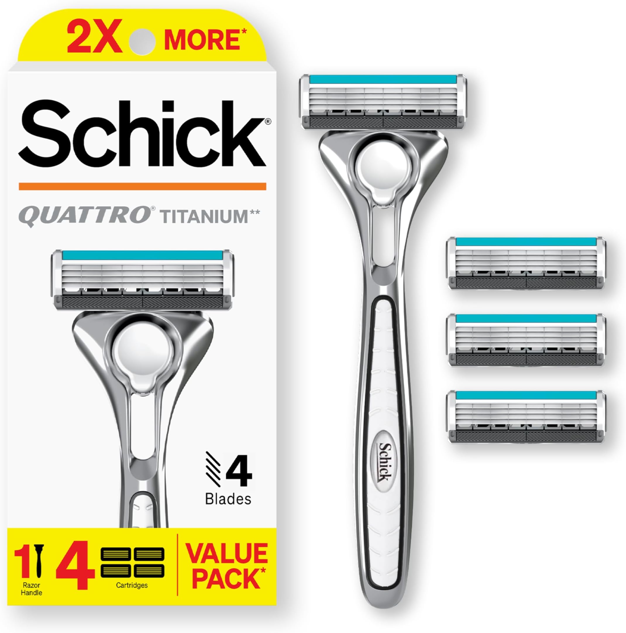 Quattro Titanium Razor, 1 Razor Handle and 4 Cartridges | Shaving Razors for Men, 4 Blade Mens Razors for Shaving, Razor Blades for Men, 1 Handle with 4 Razor Blades Refills