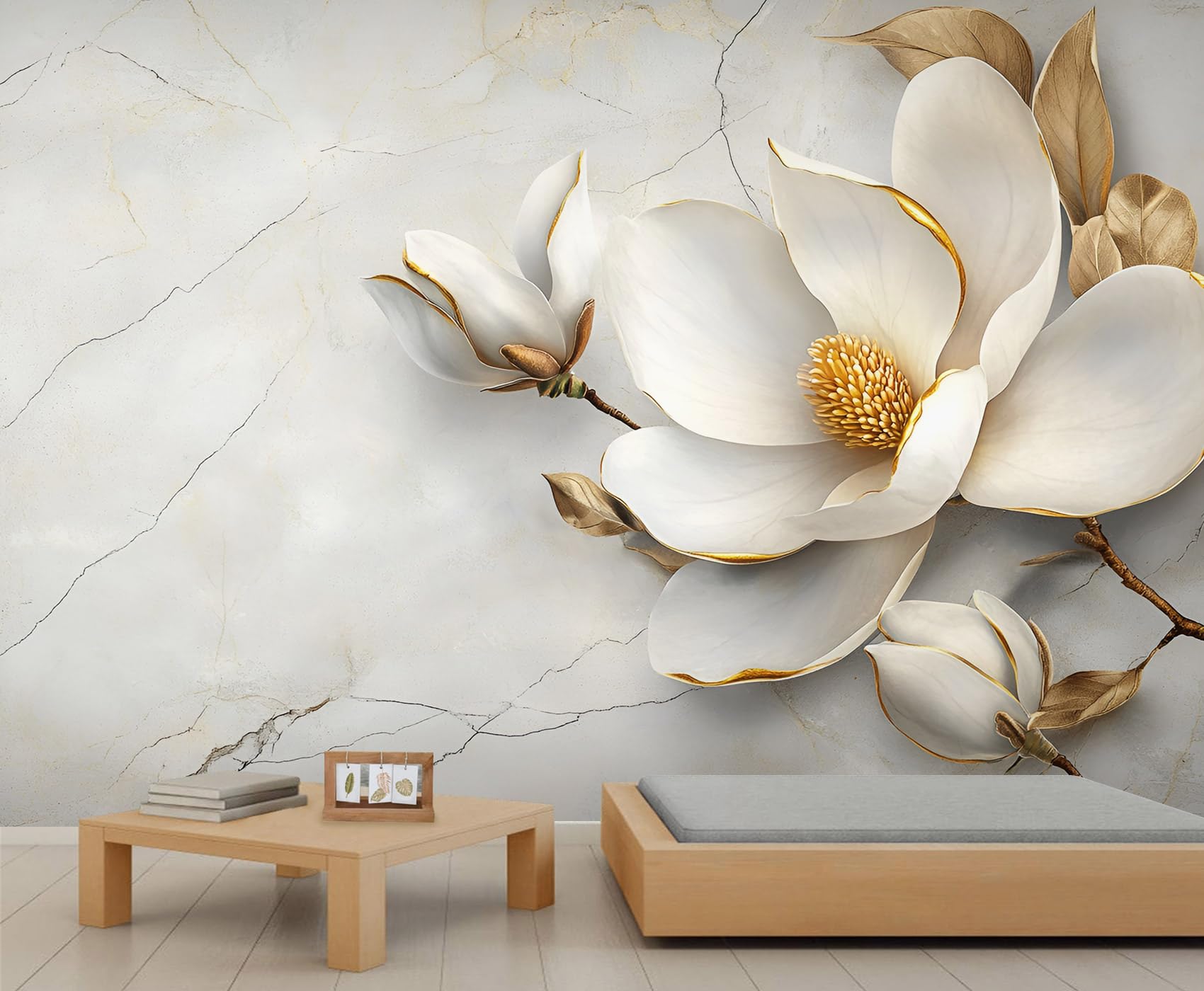 Magnolia Mural 390x260cm Relief Flower Mural Wallpaper Aesthetic Wallpaper for Living Room Floral Wall Decor (Not Peel n' Stick)