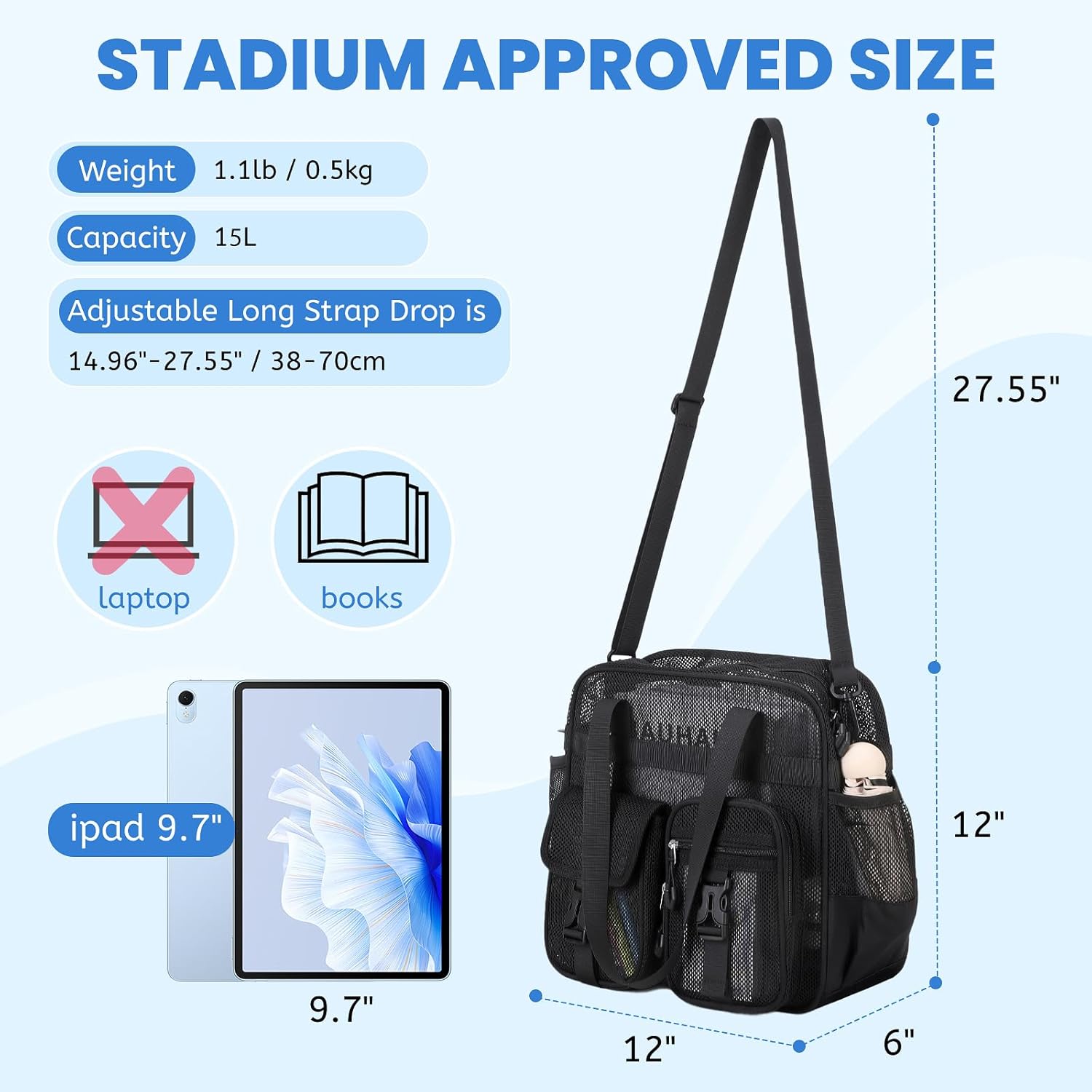 MOONBABY Mesh Beach Tote Bag for Stadium Events 12x6x12 Net Purse Bag for Women with Detachable Long Strap for Work, Sports