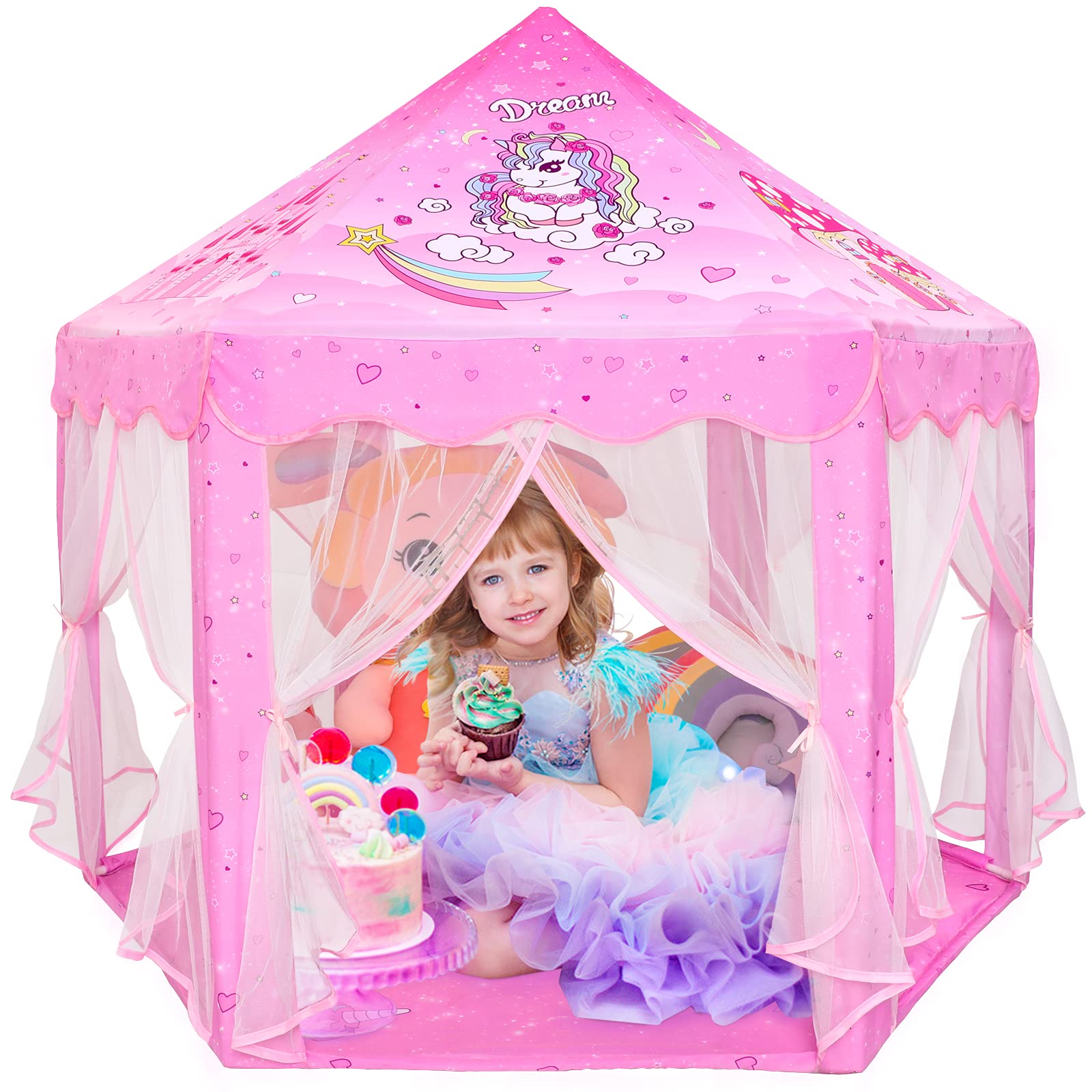 Princess Tent for Girls Unicorn Fairy Castle Play Tents for Kids, Hexagon Kids Playhouse with Gift Box, Princess Toys & Gift for Girls Aged 3+ Indoor & Outdoor Play