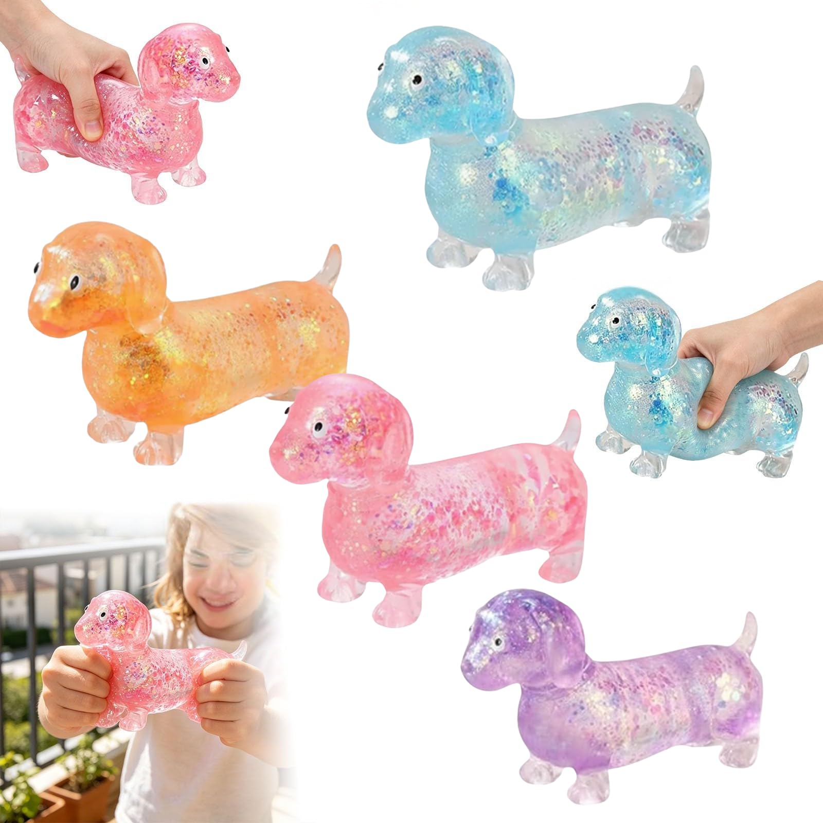 Dachshund Stress Toy, Glitter Sausage Dog Fidget Squeeze, Soft Antistress Sensory Squishy Animal Balls, Fun Mini Dachshund Squeeze Fidget Balls for Office Birthday Party (Multicolor_4PCS)