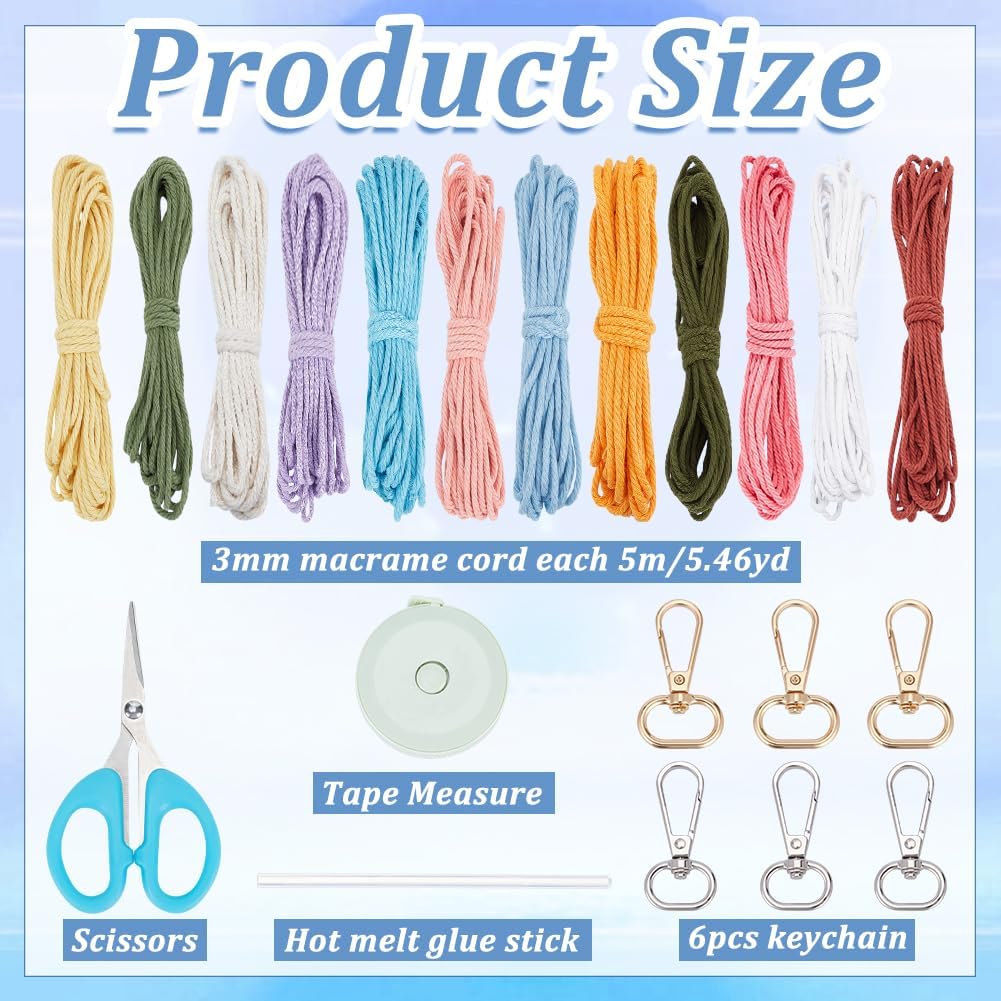FREEBLOSS 6 Set Macrame Bow Wristlet Kit Boho Keychains DIY Macrame Kit with 60m Cotton Cord Beginners Bow Wrist Lanyard Keychain Bracelet for Charm