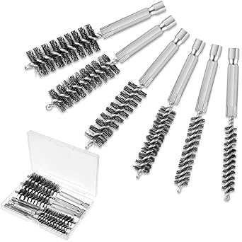 6 Pieces Stainless Steel Bore Brush in Different Sizes Twisted Wire Cleaning Brush with Handle 1/4 Inch Hex Shank for Power Drill Impact Driver, 4 Inch Long (9 mm, 11 mm, 13 mm, 16 mm, 18 mm, 19 mm)