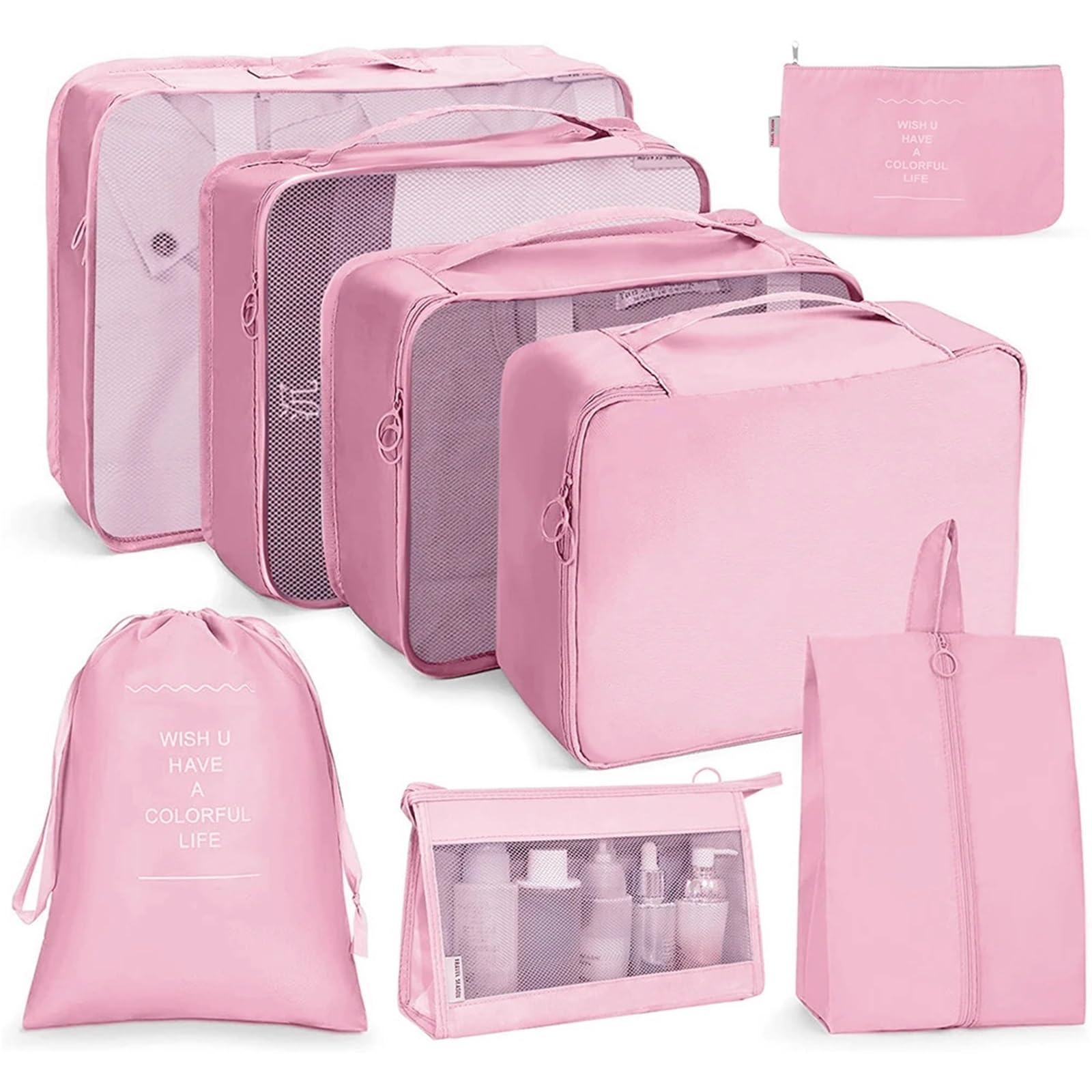 8PCS Travel Luggage Organizers Set Waterproof Suitcase Organizer Bags Essentials Clothes Shoes Cosmetics Storage for Suitcases(Pink)