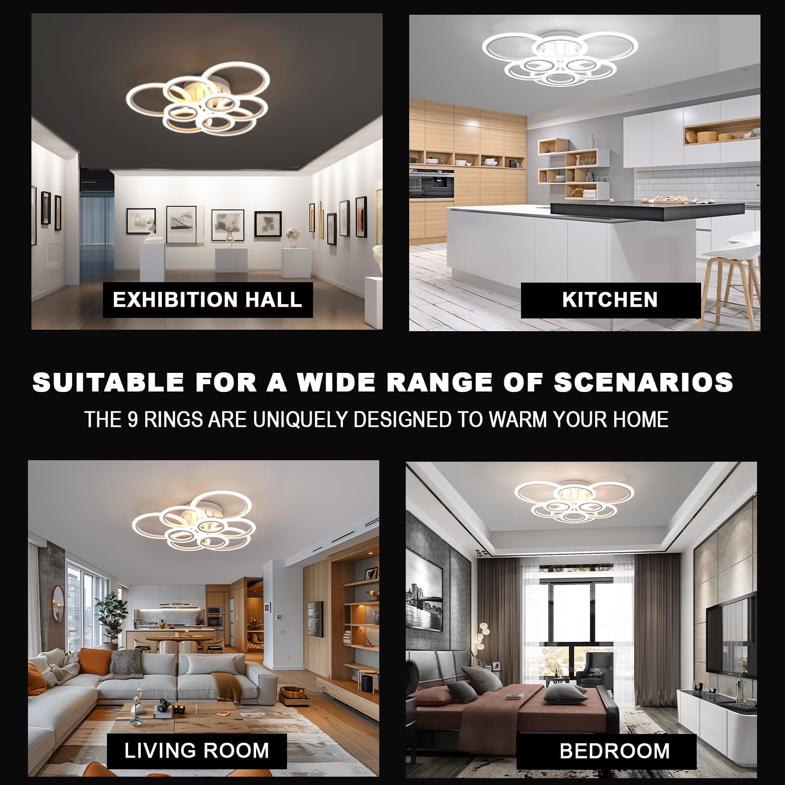 Moderna Lampara de Techo LED, Regulación Continua Lámparas de Techo Salon, Mando a distancia y Anillo Acrílico Smart App Control Lamparas Techo Para Salón Comedor Dormitorio (Blanco, 9 Anillos)