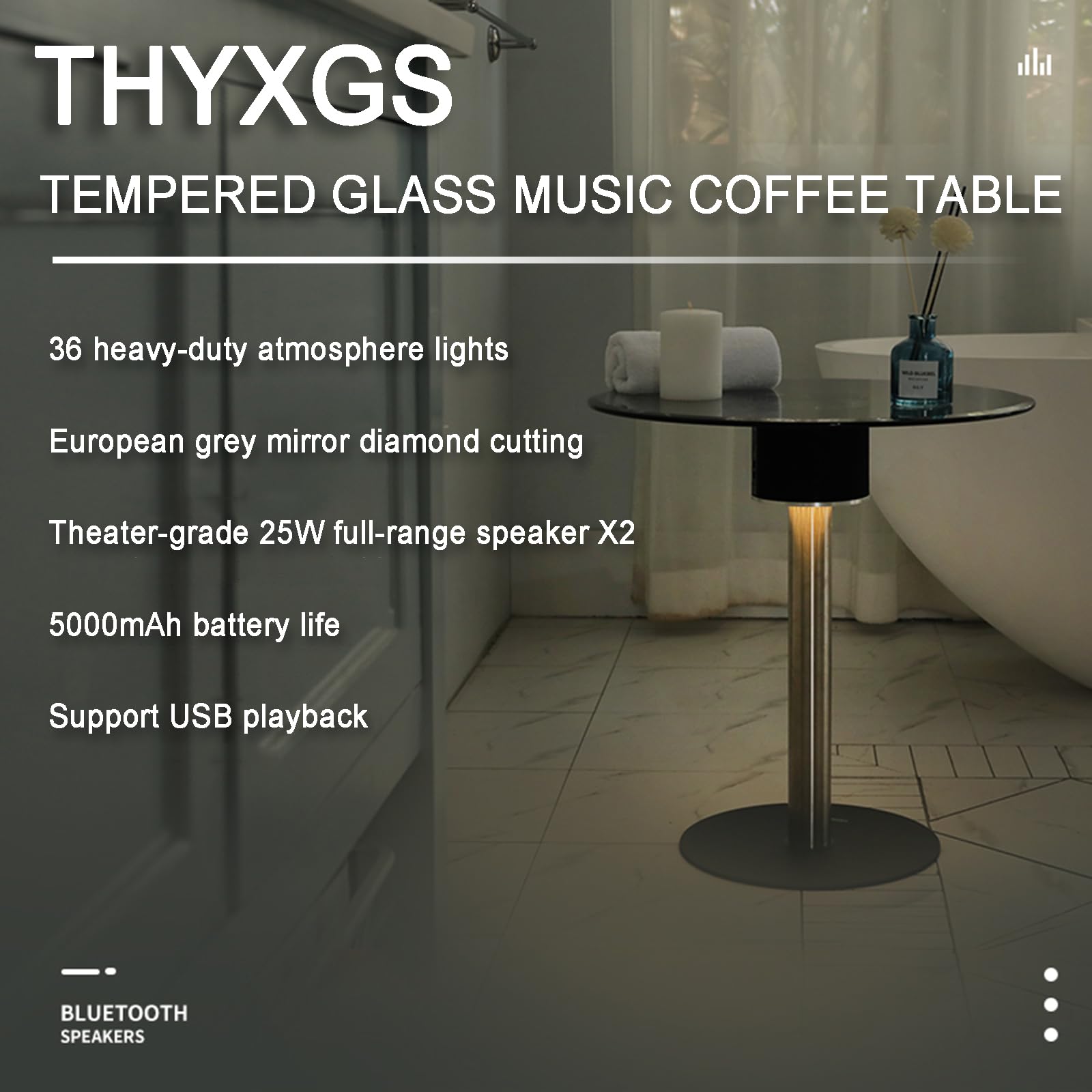 Mesa Auxiliar Inteligente con Altavoz Bluetooth HiFi, Mesa De Centro con Luz LED Ambiental, Mesa De Vidrio Templado, Conexión USB/USB, Mesa Auxiliar Redonda para Dormitorio, Sala De Estar