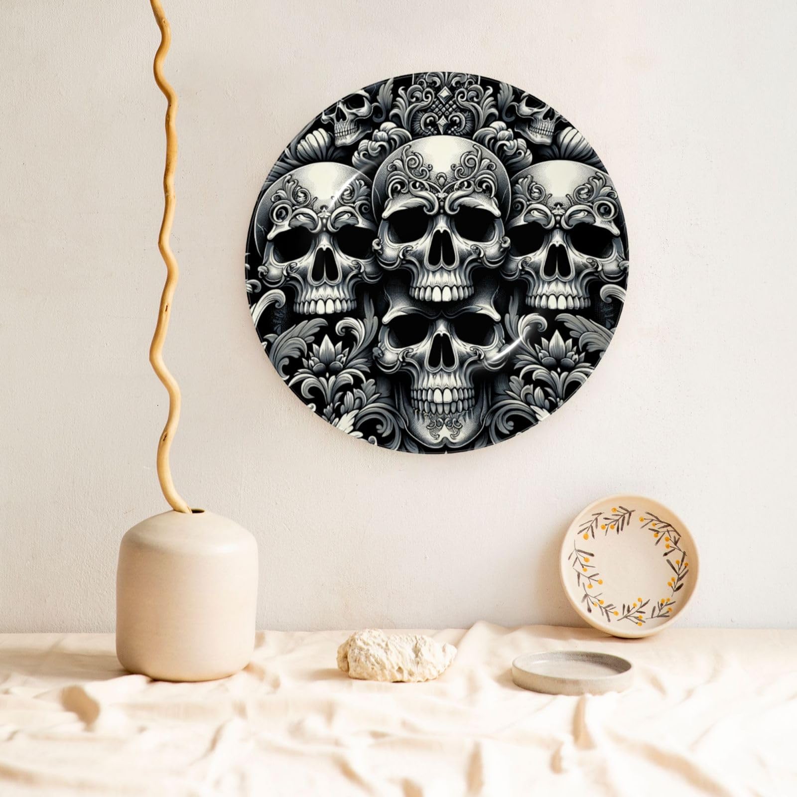 Dekorativer Teller mit Ständer, elegante Wandplatte, Barock-Skull-Schwarz, 25,4 cm
