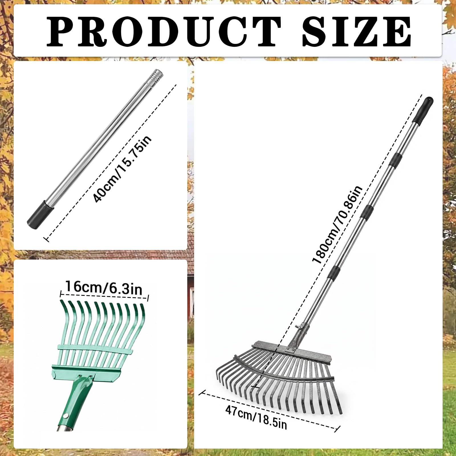 Rastrello da giardino in metallo con manico in acciaio inox da 180 cm, rastrello per foglie, per giardino, prato, arbusti, erba, pacciame, robusto