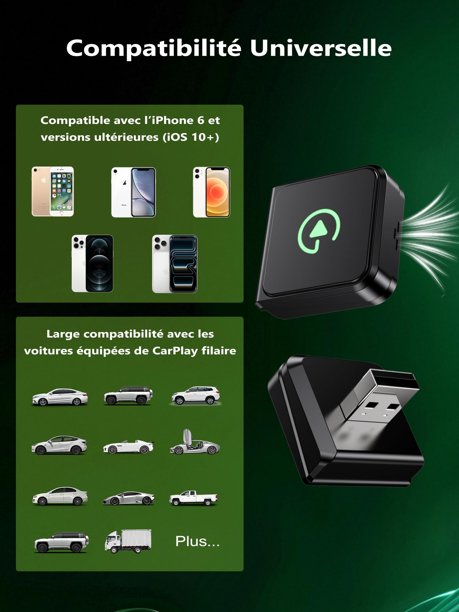 Adaptateur CarPlay sans Fil USB:Cle Carplay sans Fil–Mini Et Stable, Adaptateur Car Play & Android Auto Compatible avec iPhone iOS 10+ Et Smartphones Android, Voitures Équipées D’Origine, Plug & Play
