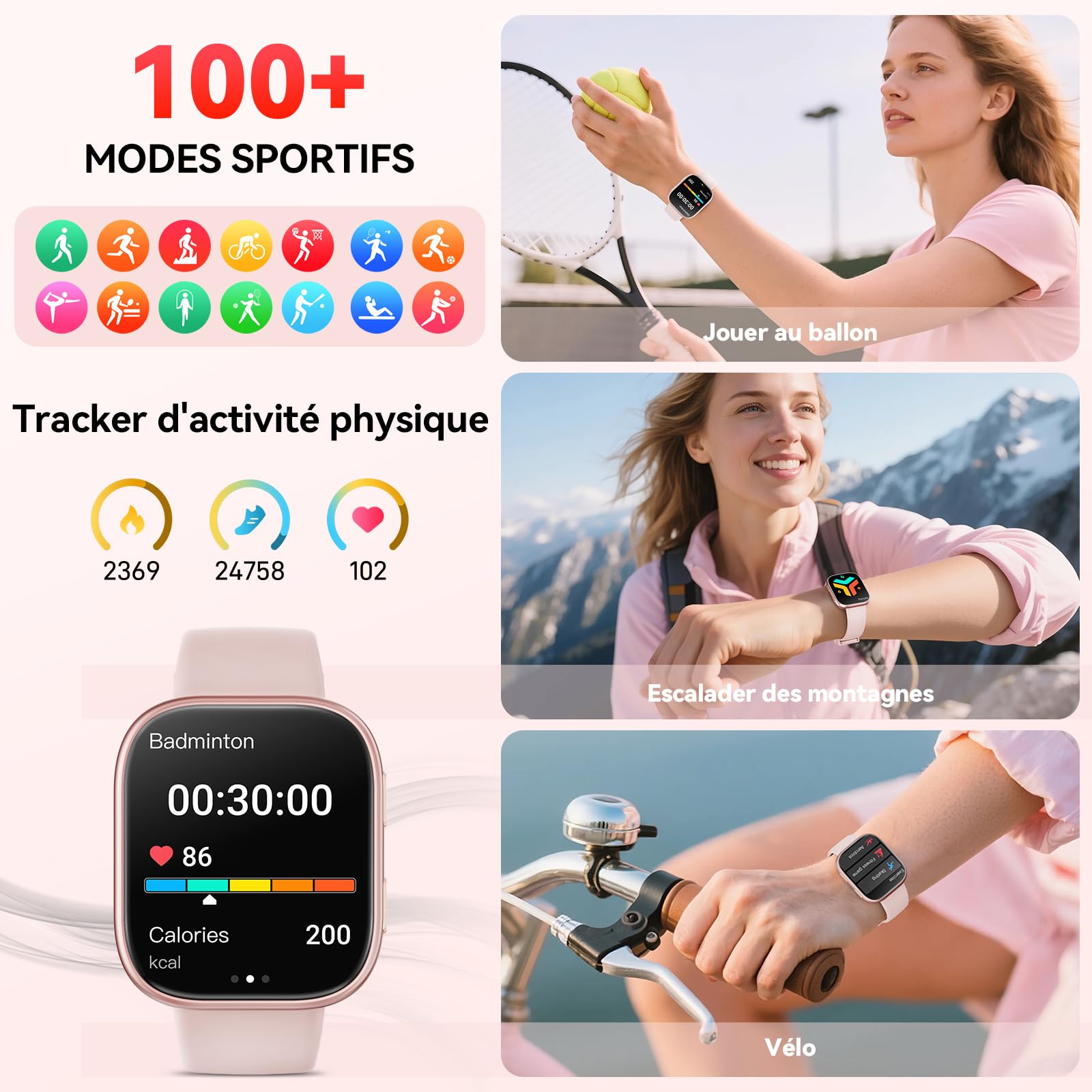 Mingtawn Montre Connectée Femme Homme avec Appel Bluetooth, 1.83'' HD Smartwatch pour 100+ Modes Sportifs, Fréquence Cardiaque, Sommeil, SpO2, IP68 Etanche Fitness Tracker pour iOS Android（Rose）