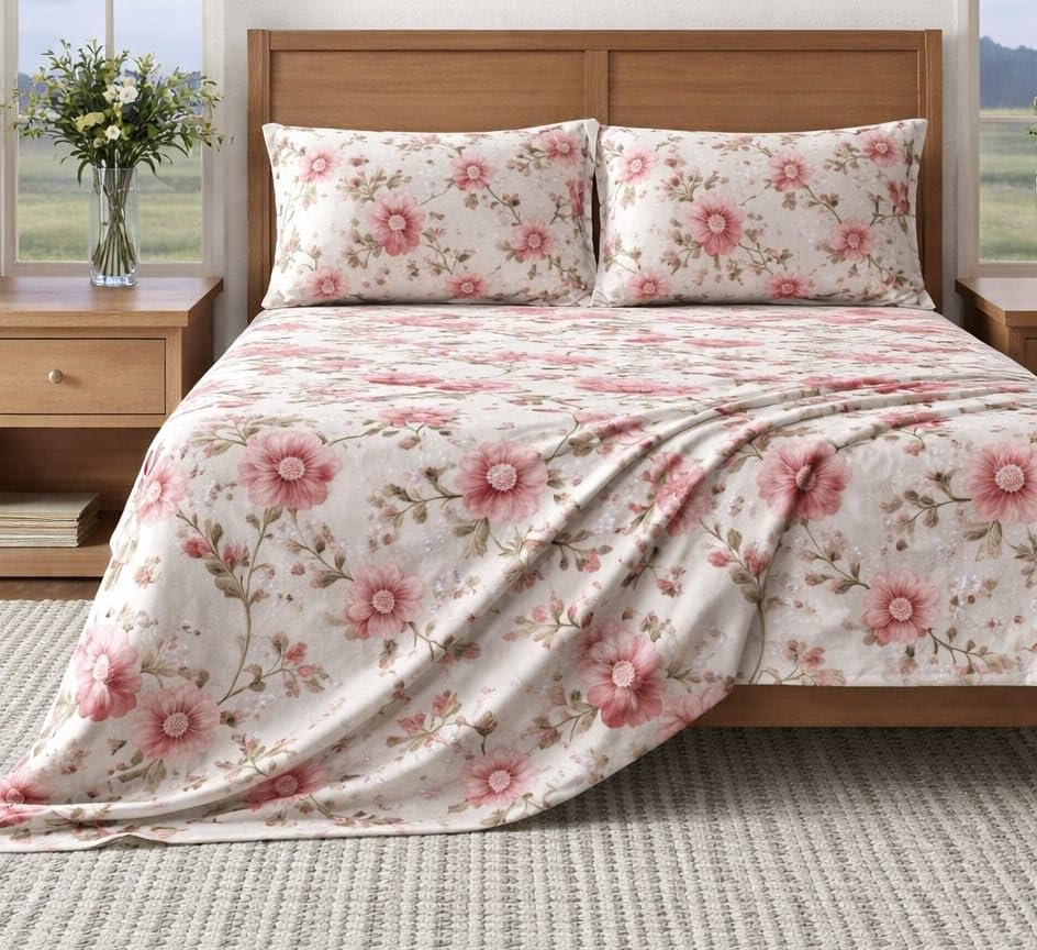Image of BEVI Home Super Fabric 300 TC Microfiber Single Queen Size Bedsheet with 1 Pillow Cover - Printed Bedsheet Size (60x90) (7D Rose)