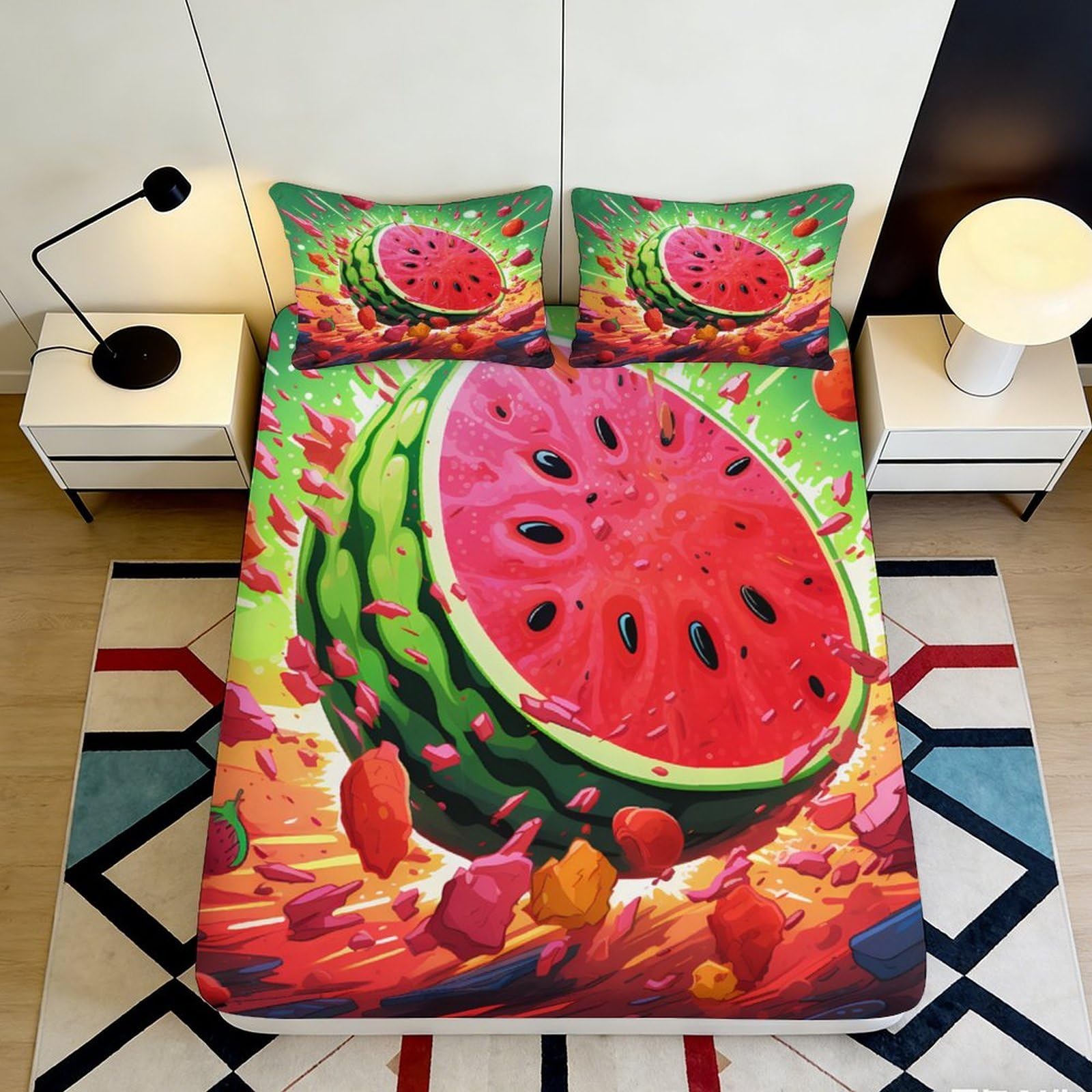 3D Printed Watermelon Splash Fitted Sheet Microfiber Vibrant Fruit Mattress Cover for Bedroom Dorm Decor 120x200cm 180x200x25cm