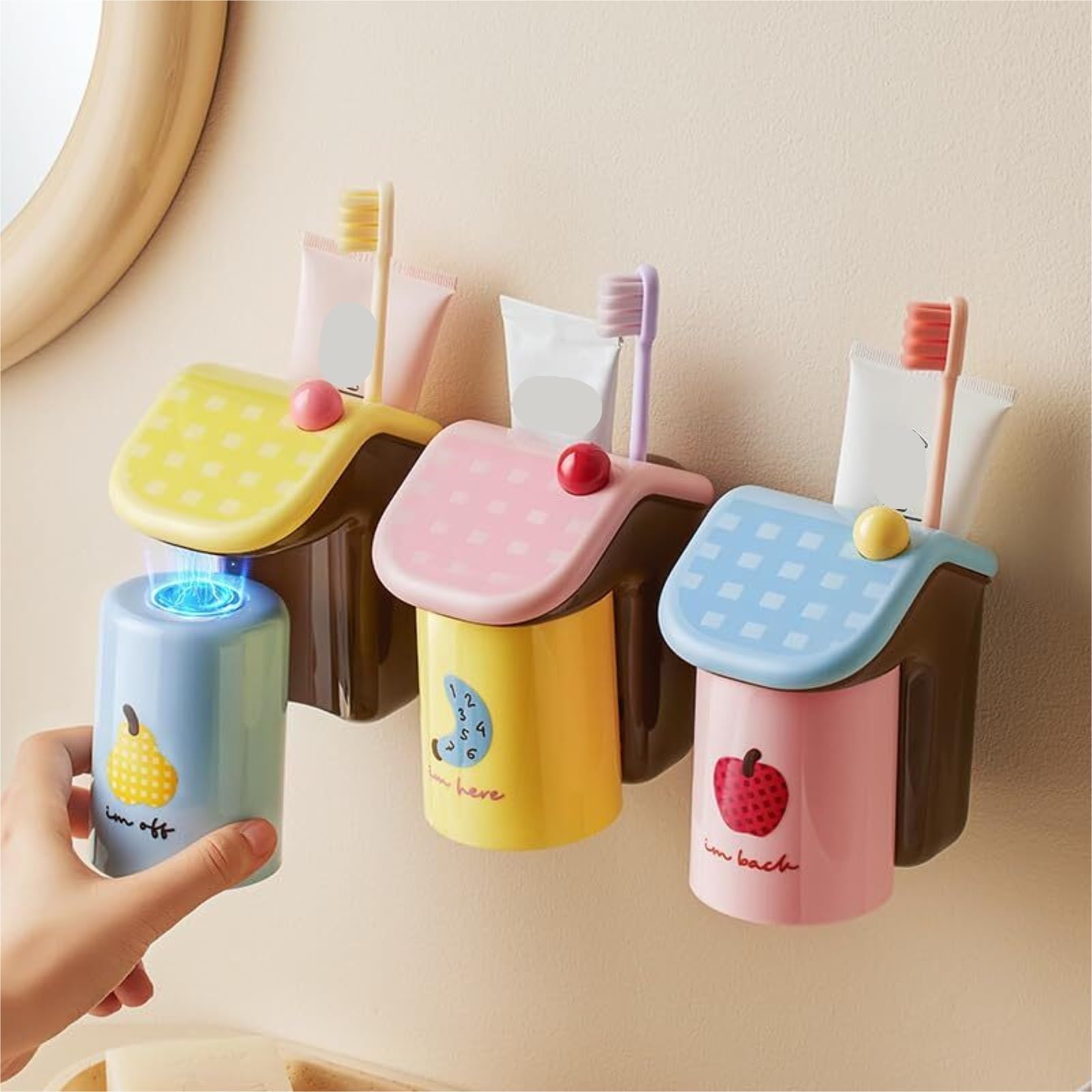 Portacepillos De Dientes para Baño Y Ducha Soporte Magnético For Cepillo De Dientes Baño con Taza, Estante For Enjuague Bucal, Montado En La Pared, Sin Taladro(Yellow)