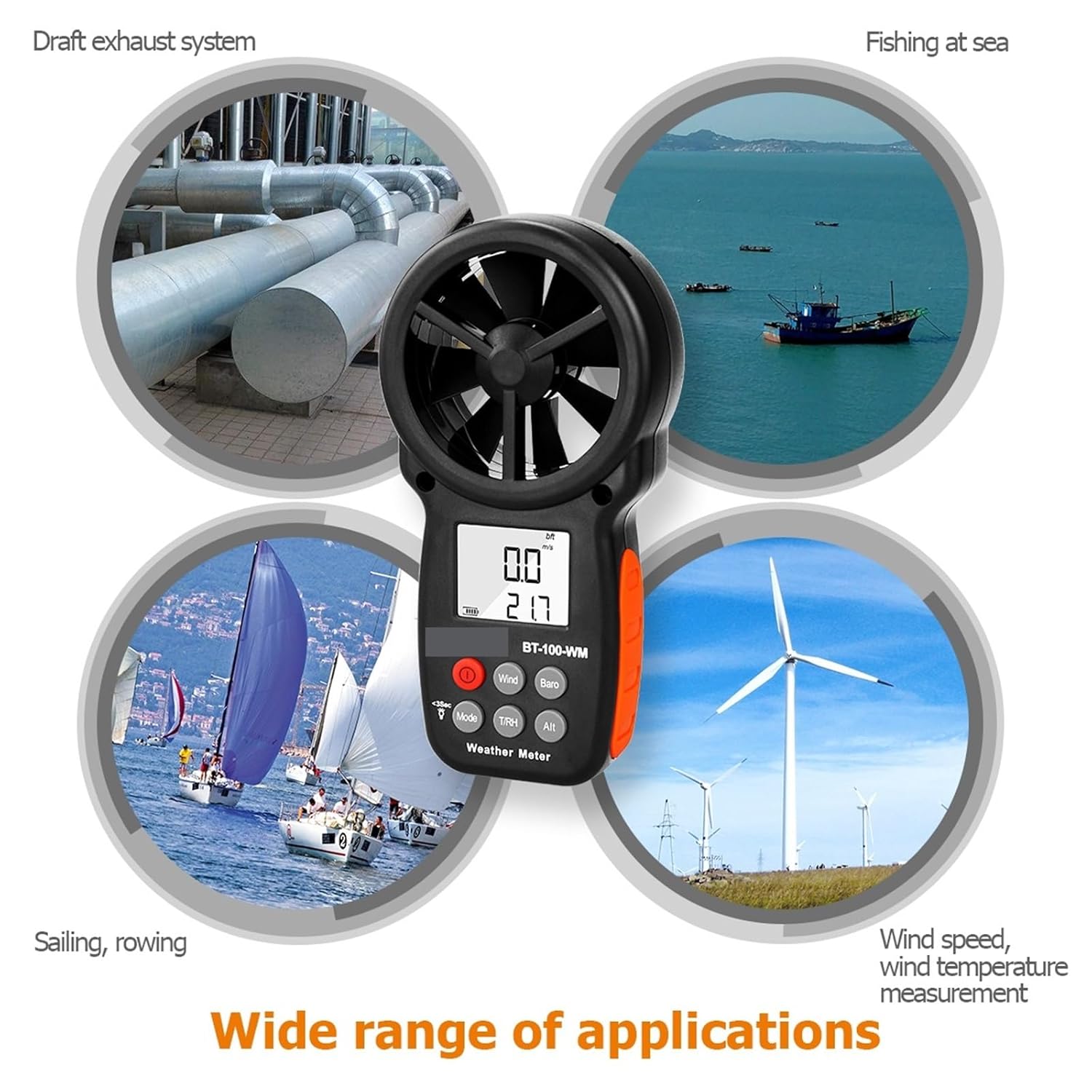 BT-100-WM Handheld Digital Anemometer and Barometer, Wind Speed, Temperature, Wind Chill, Humidity Testing Instruments