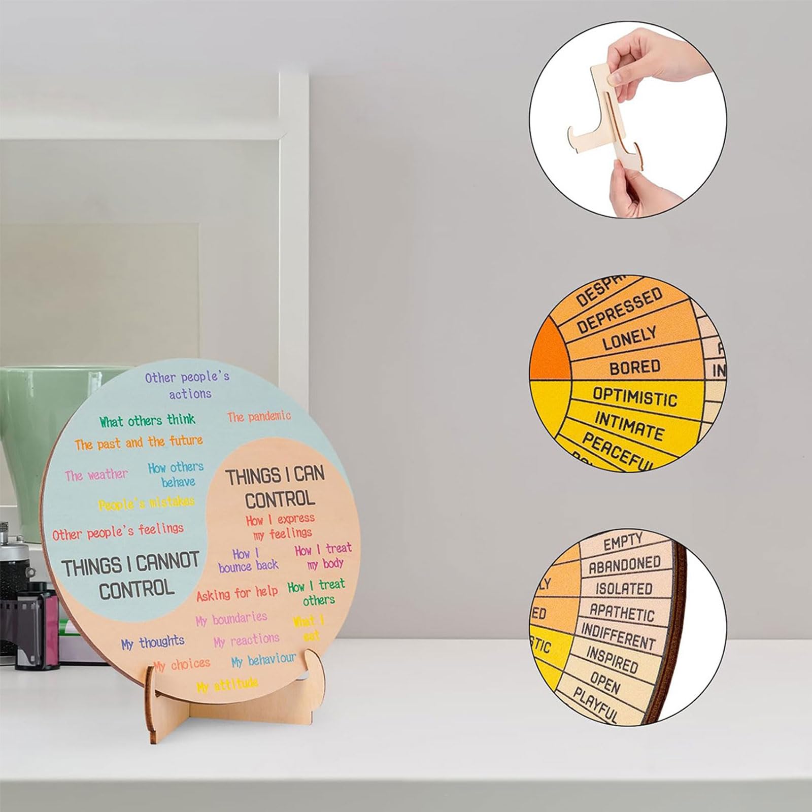 Wmzjnljy 1pc 15cm Feelings Wheel with Stand Double Sided Wooden Emotion Wheel Chart for Therapist Feelings Wheel Therapy Office Desk Decor for Home Office School(U74-1) - Image 3