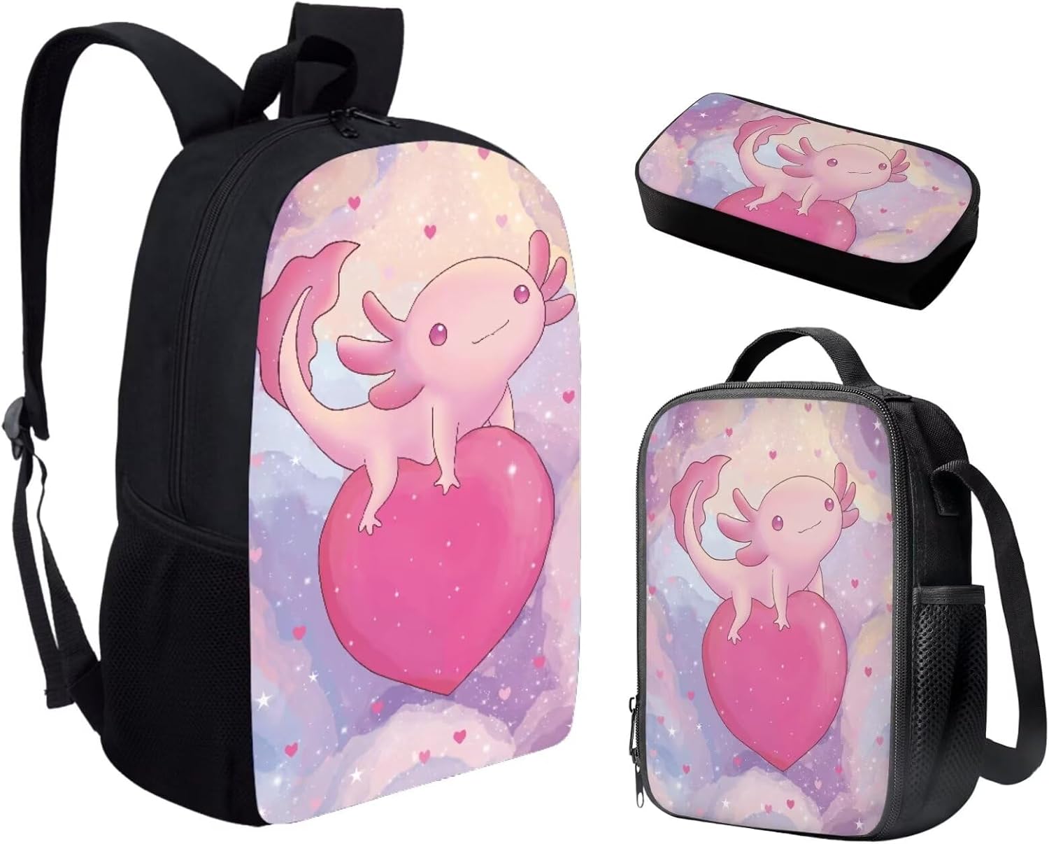 JEOCODY Cute Axolotl Backpack with Lunchbox School Backpack Set for Teens Girls Boys Kids School Bags Bookbag with Lunch Bag Pencil Pouch Back to School Gifts Set of 3